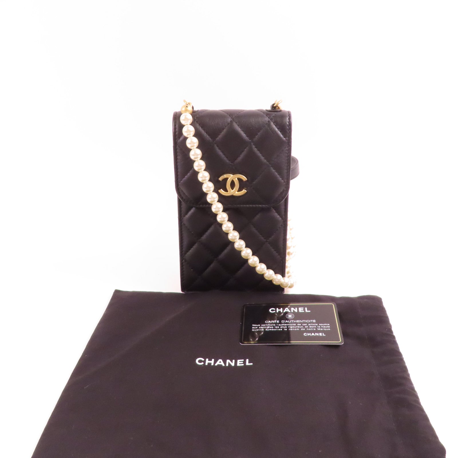 CHANEL 【激減優惠】牛皮皮革Long Strap Phone Bag銀扣鏈帶肩背袋