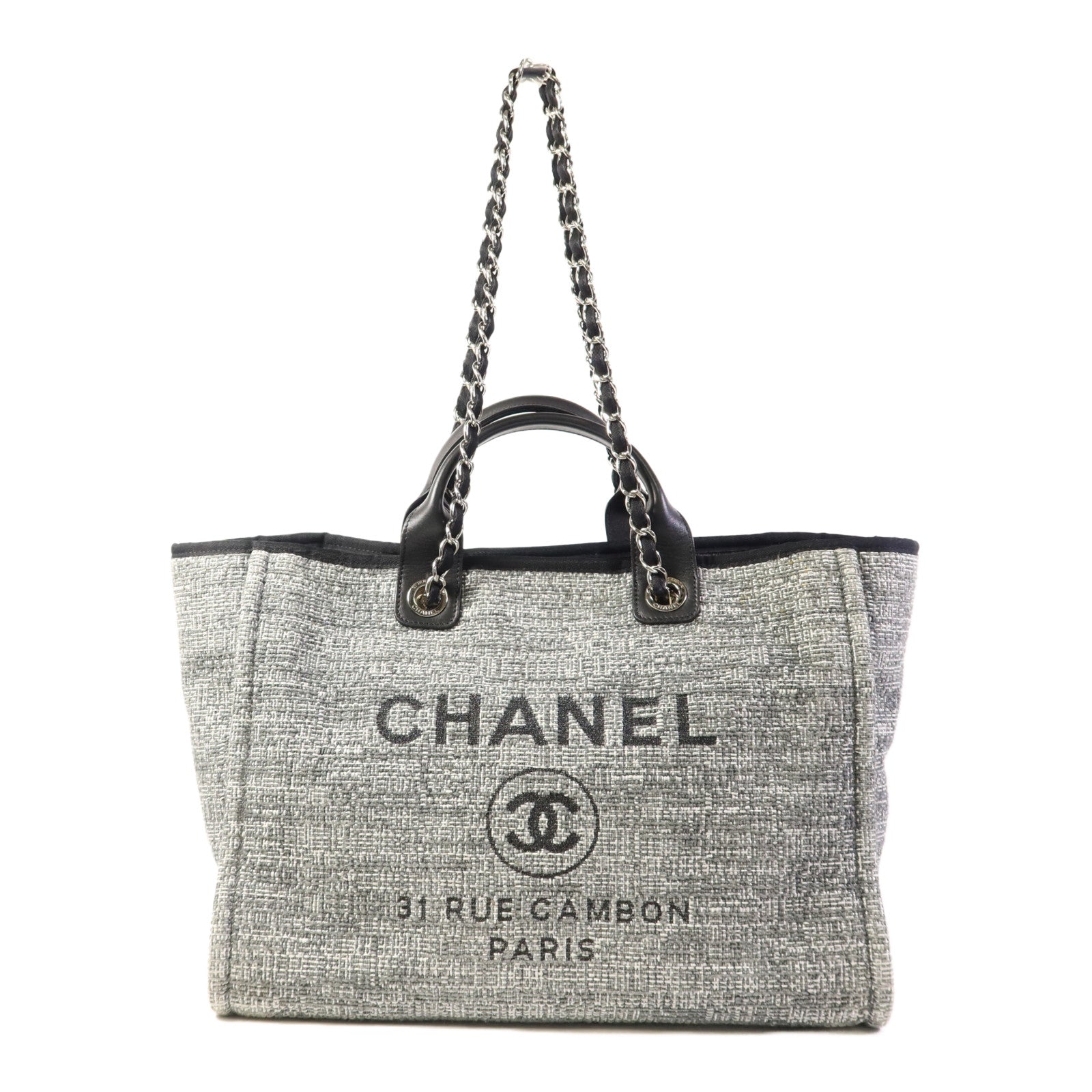 CHANEL 帆布Deauville Tote Bag銀扣手挽肩背兩用袋