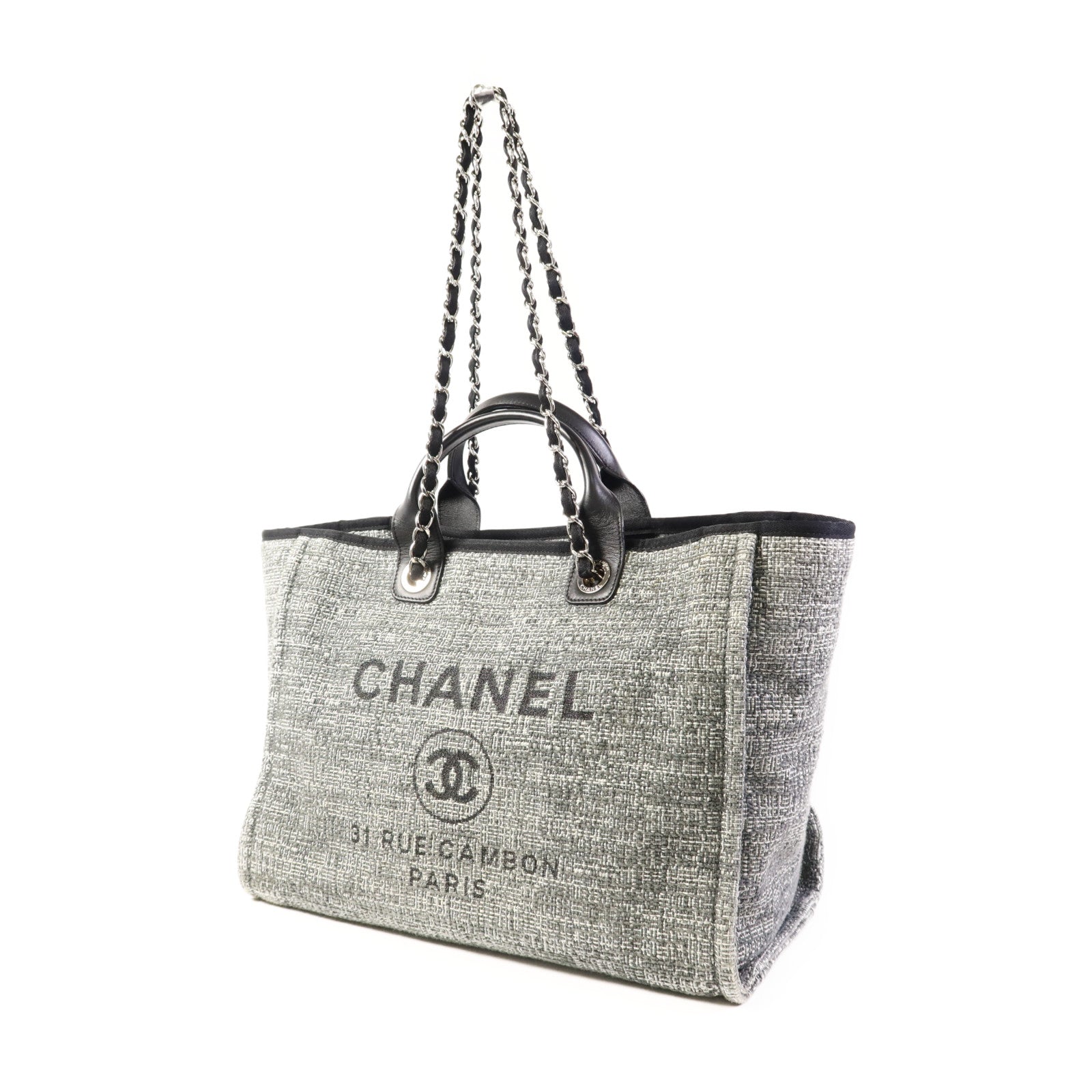CHANEL 帆布Deauville Tote Bag銀扣手挽肩背兩用袋