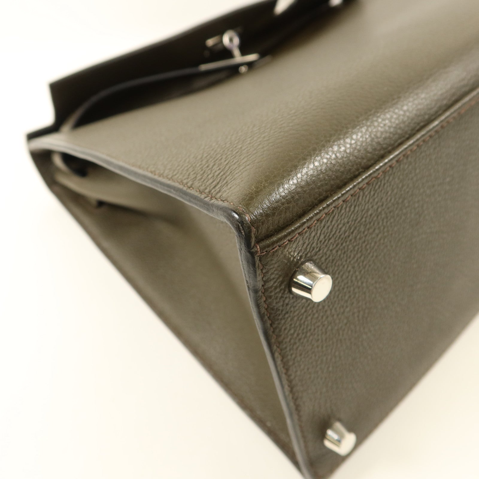 HERMES Chevre皮革Kelly 35銀扣手挽肩背兩用袋Vert Olive