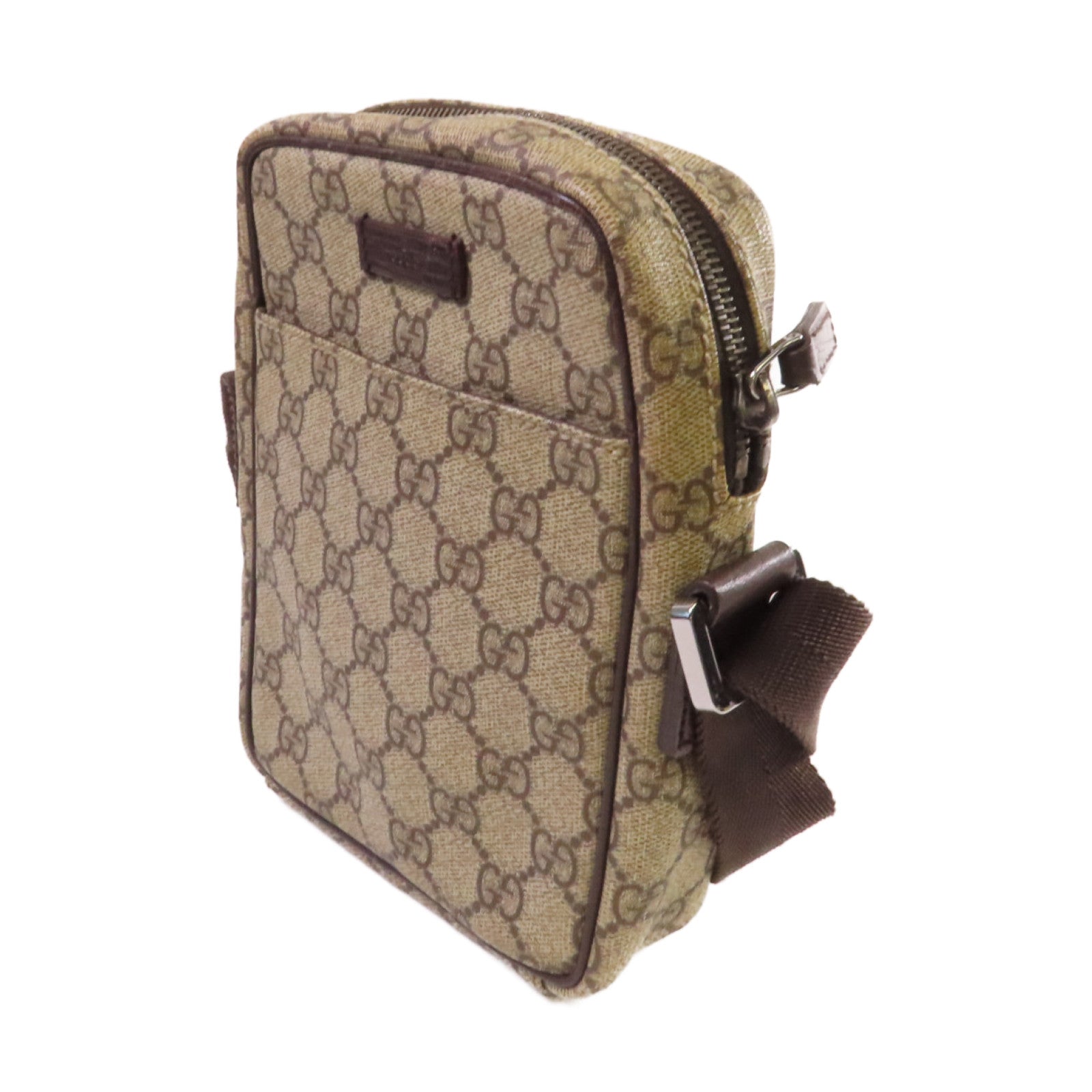 GUCCI 【清倉大減價】塗層帆布GG Supreme銀扣肩背袋啡色