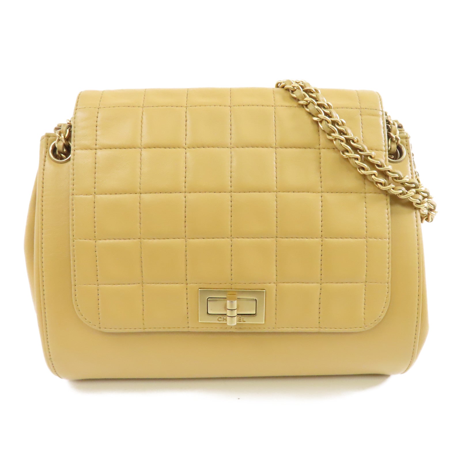 CHANEL 羊皮皮革Chain Shoulder金扣鏈帶肩背袋米色