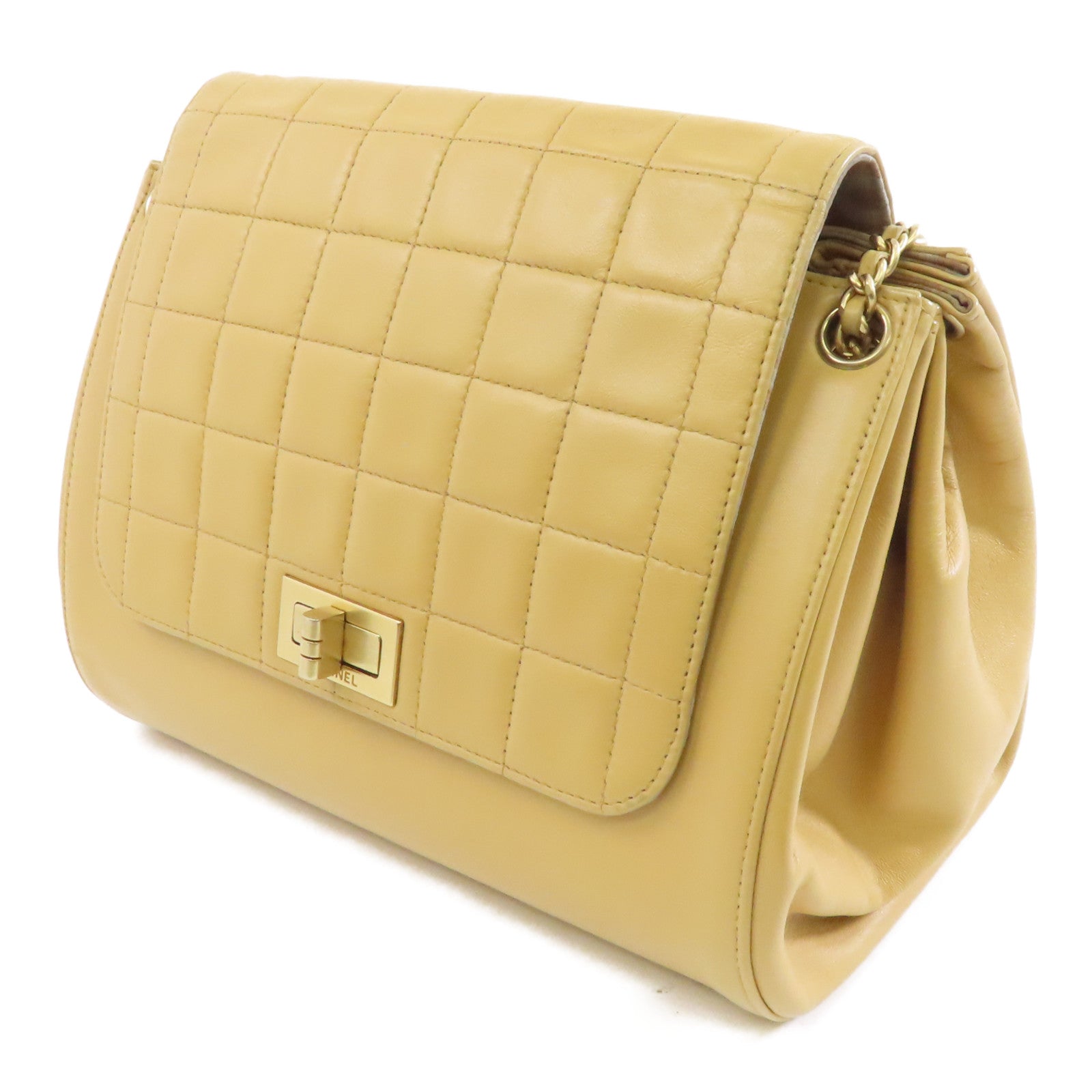 CHANEL 羊皮皮革Chain Shoulder金扣鏈帶肩背袋米色