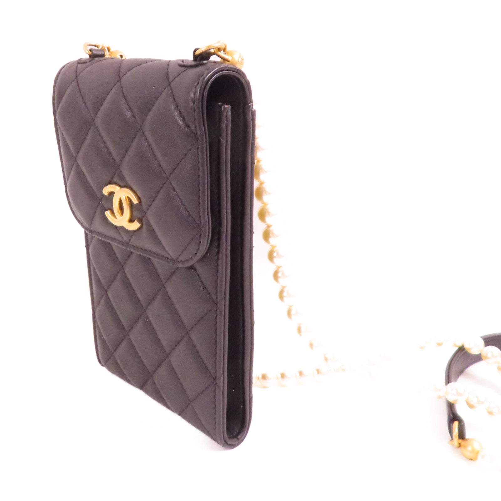 CHANEL 牛皮皮革Long Strap Phone Bag銀扣鏈帶肩背袋