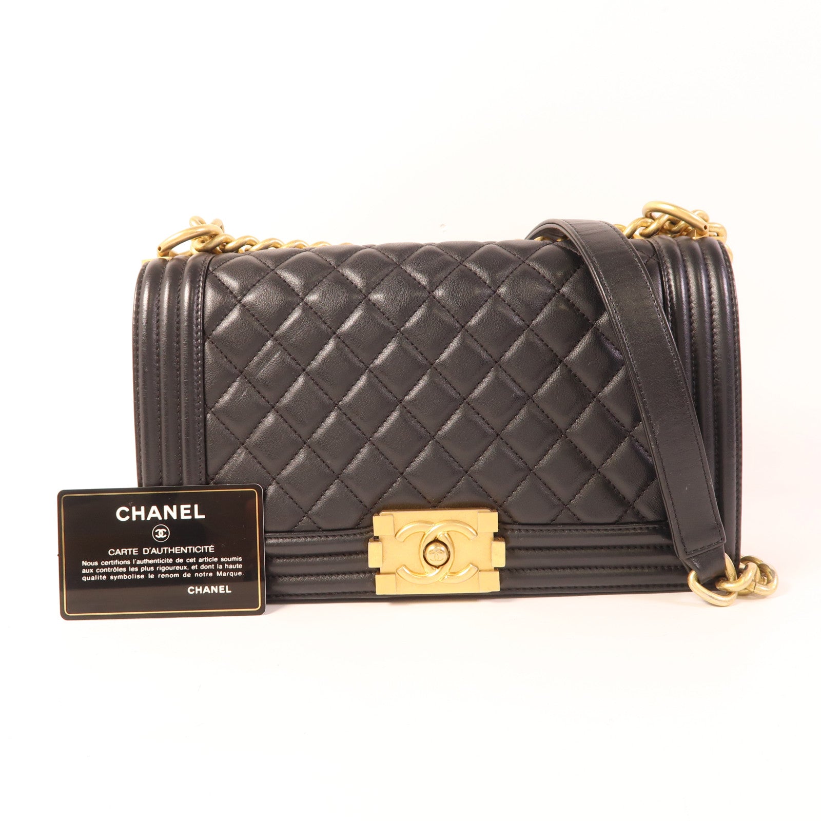 CHANEL 羊皮皮革Boy 25金扣鏈帶肩背袋