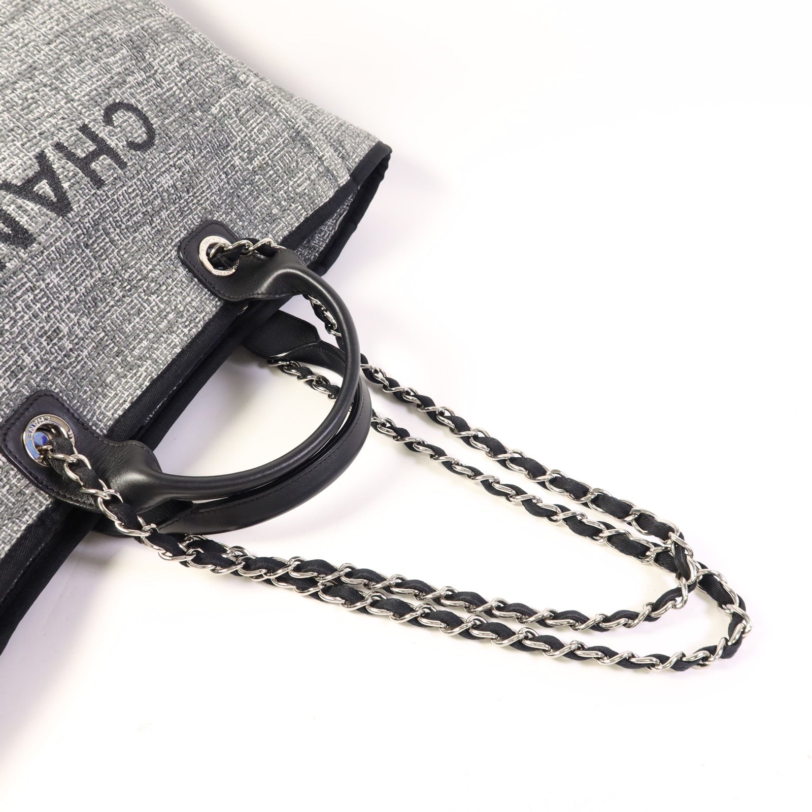 CHANEL 帆布Deauville Tote Bag銀扣手挽肩背兩用袋