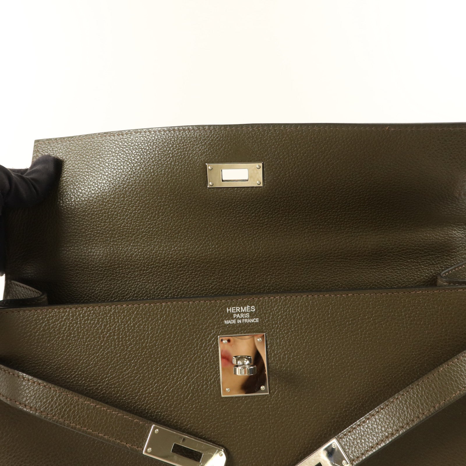 HERMES Chevre皮革Kelly 35銀扣手挽肩背兩用袋Vert Olive