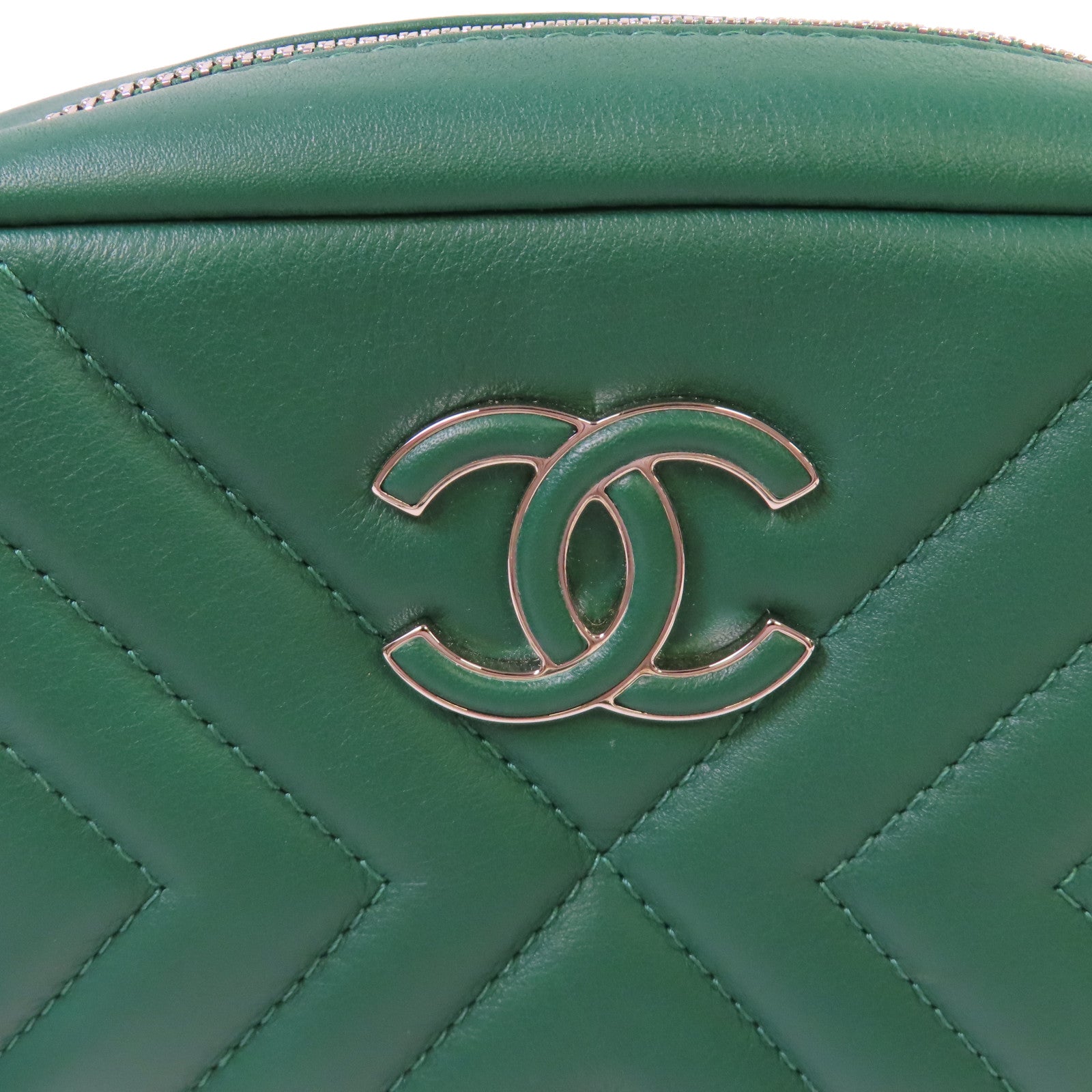 CHANEL 羊皮皮革Camera Bag銀扣鏈帶肩背袋綠色