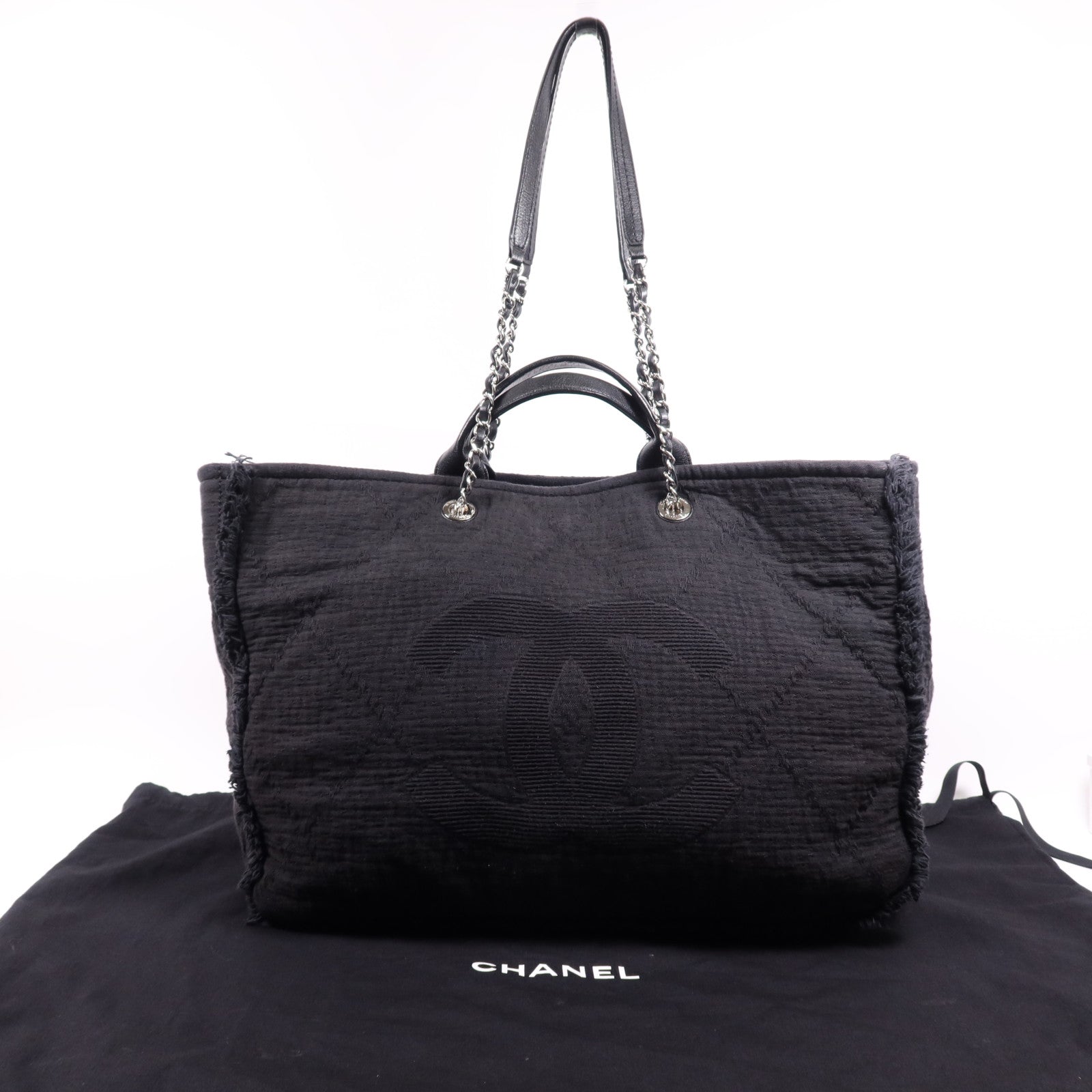 CHANEL 帆布/皮革Deauville Tote Bag銀扣鏈帶肩背袋