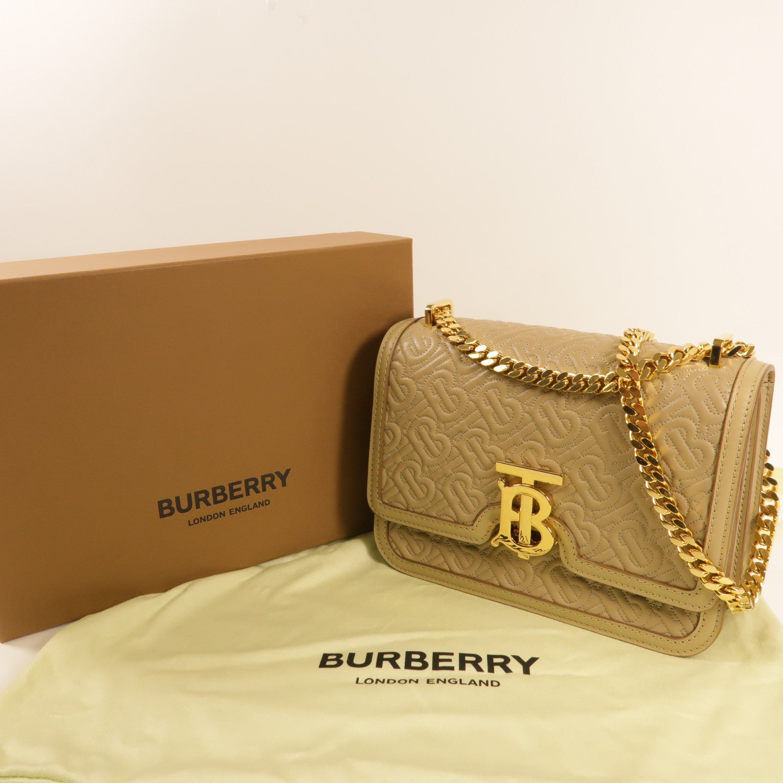 BURBERRY 牛皮皮革Chain Shoulder金扣鏈帶肩背袋米色