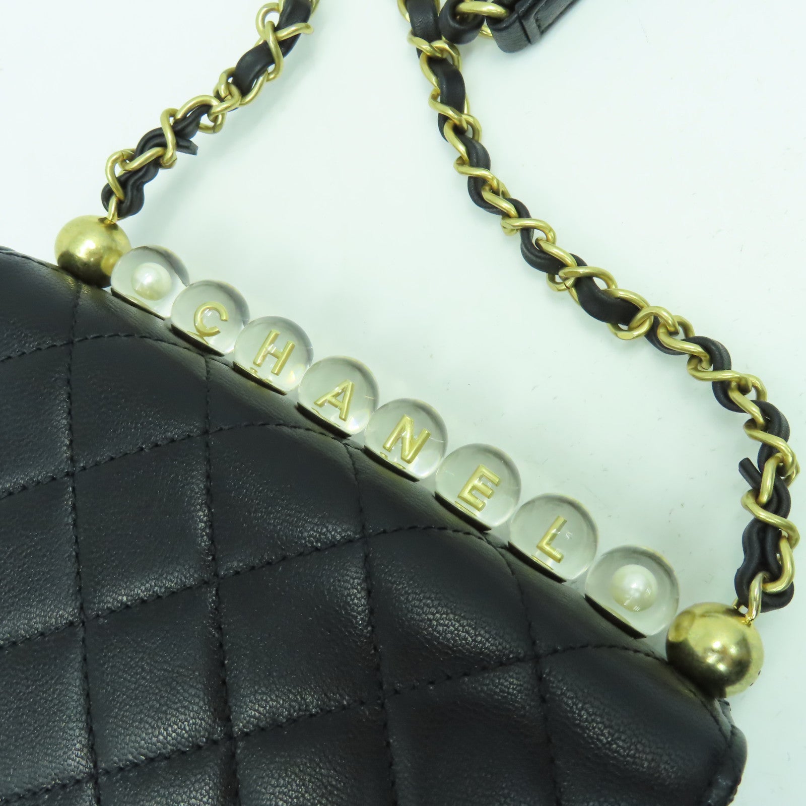 CHANEL 菱格牛皮皮革Chain Shoulder Bag金扣鏈帶肩背袋黑色