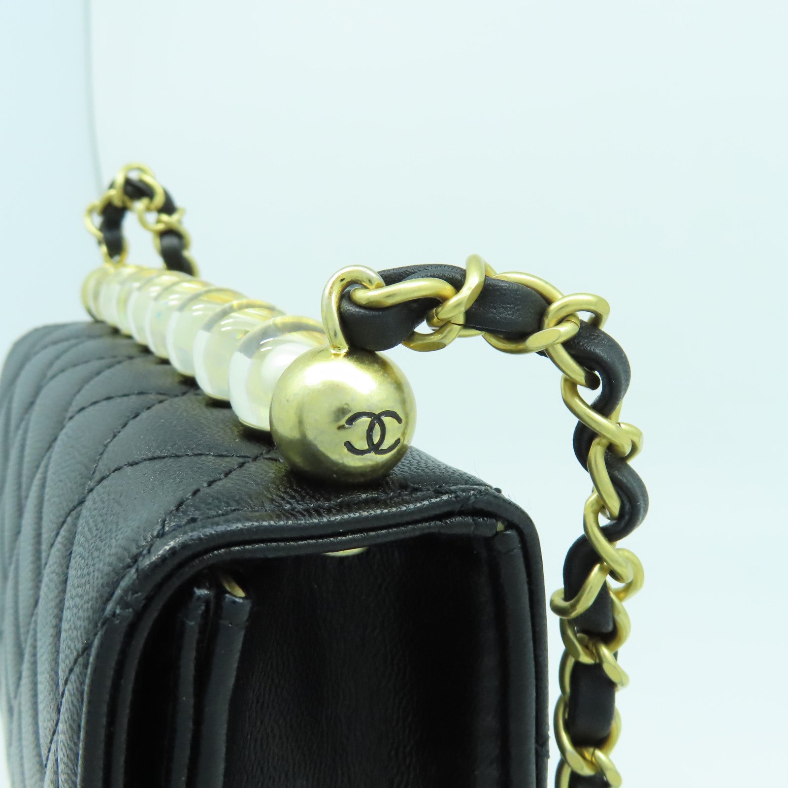 CHANEL 菱格牛皮皮革Chain Shoulder Bag金扣鏈帶肩背袋黑色
