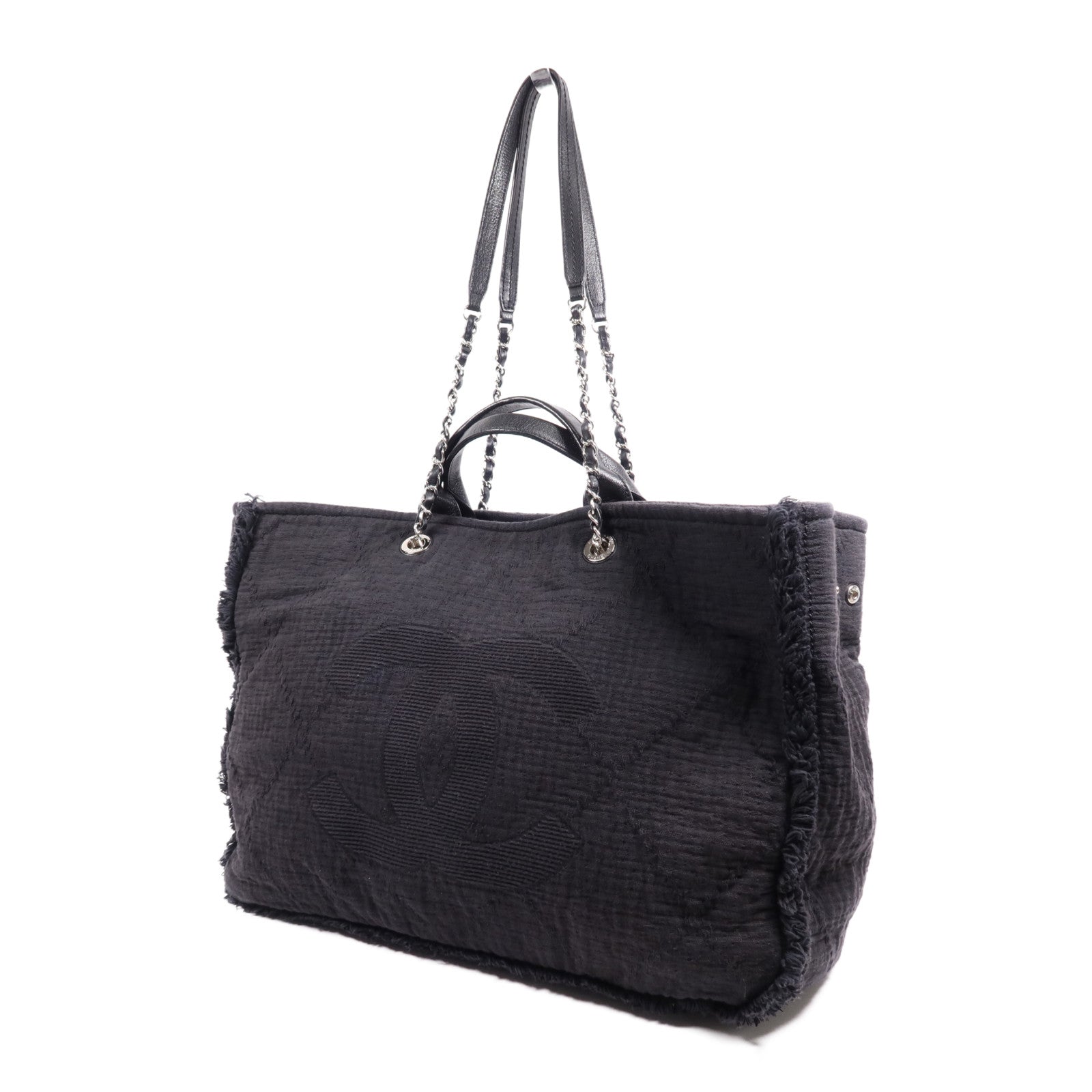 CHANEL 帆布/皮革Deauville Tote Bag銀扣鏈帶肩背袋