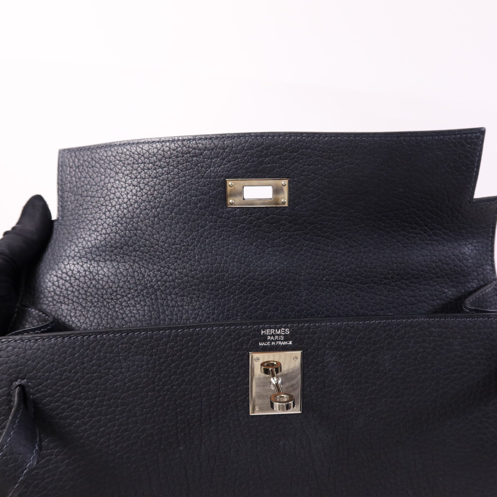 HERMES Fjord皮革Kelly 32銀扣手挽肩背兩用袋Navy