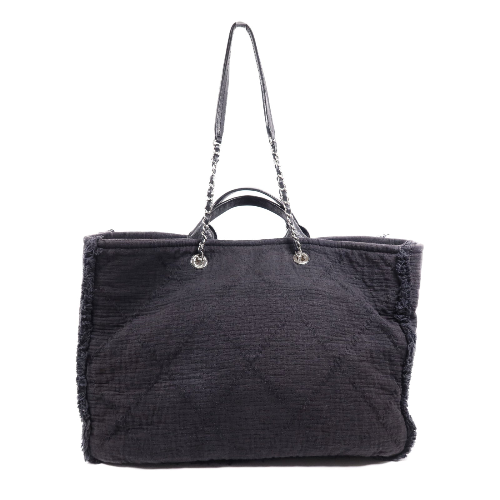 CHANEL 帆布/皮革Deauville Tote Bag銀扣鏈帶肩背袋
