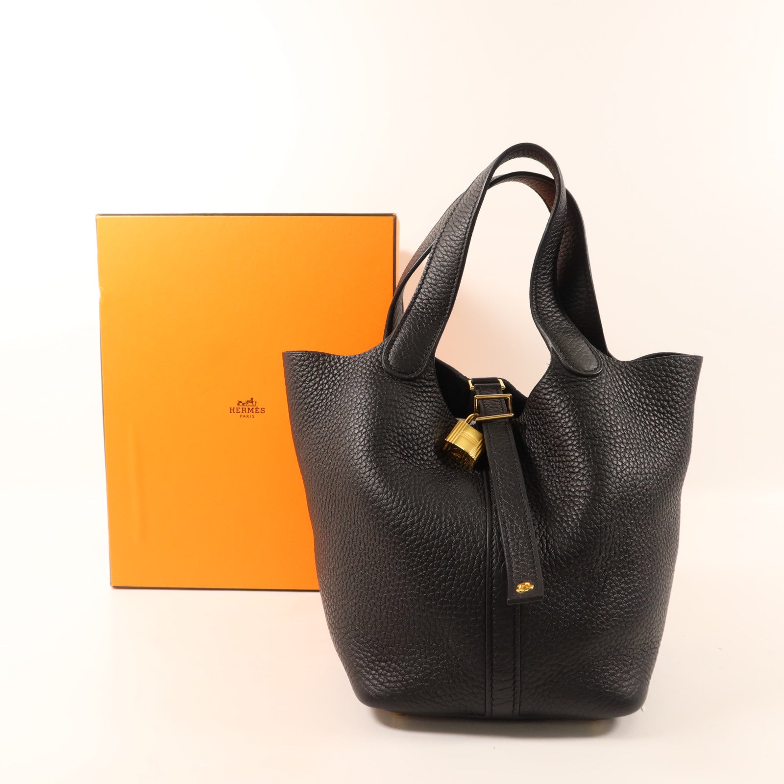 HERMES Clemence皮革Picotin PM金扣手挽袋Noir