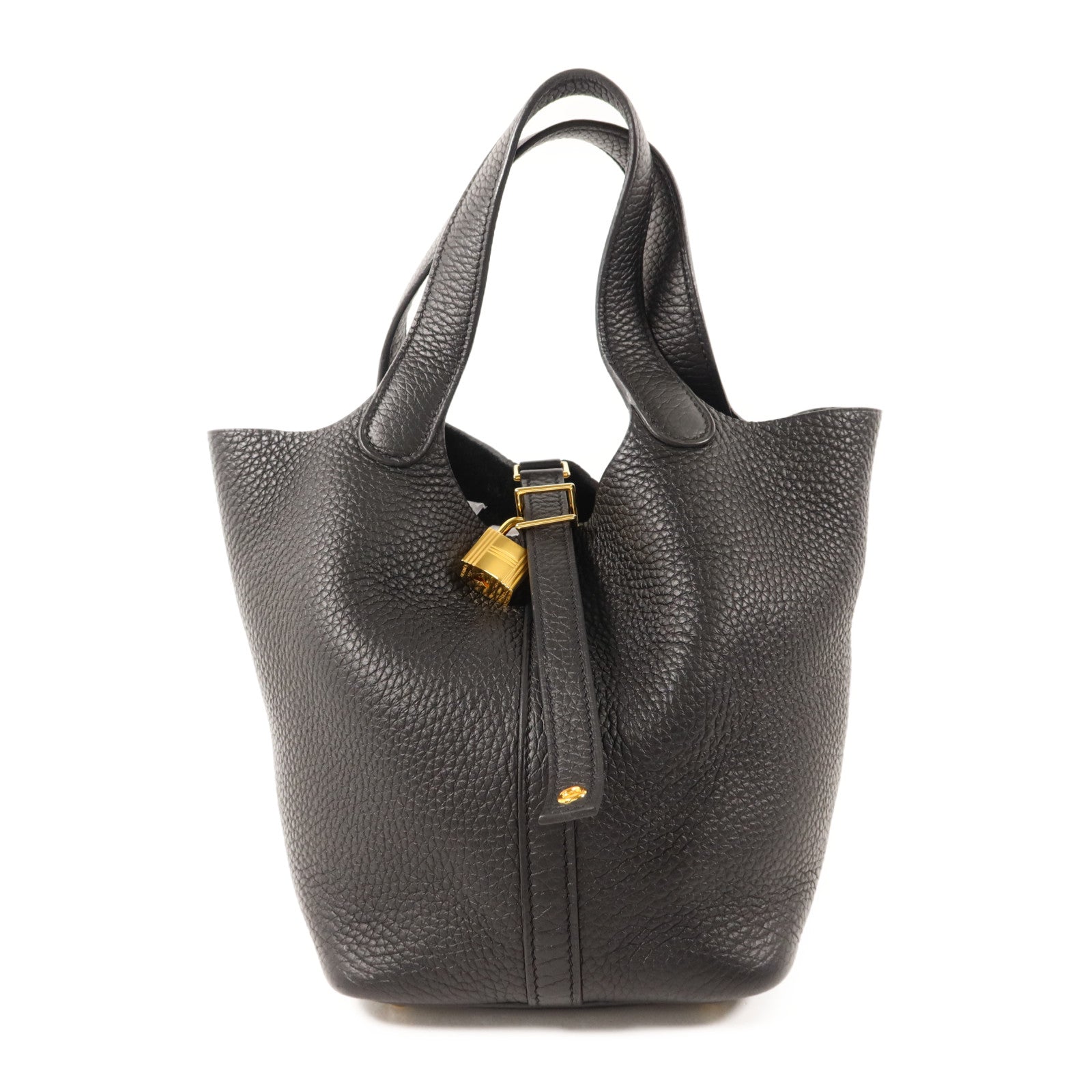 HERMES Clemence皮革Picotin PM金扣手挽袋Noir