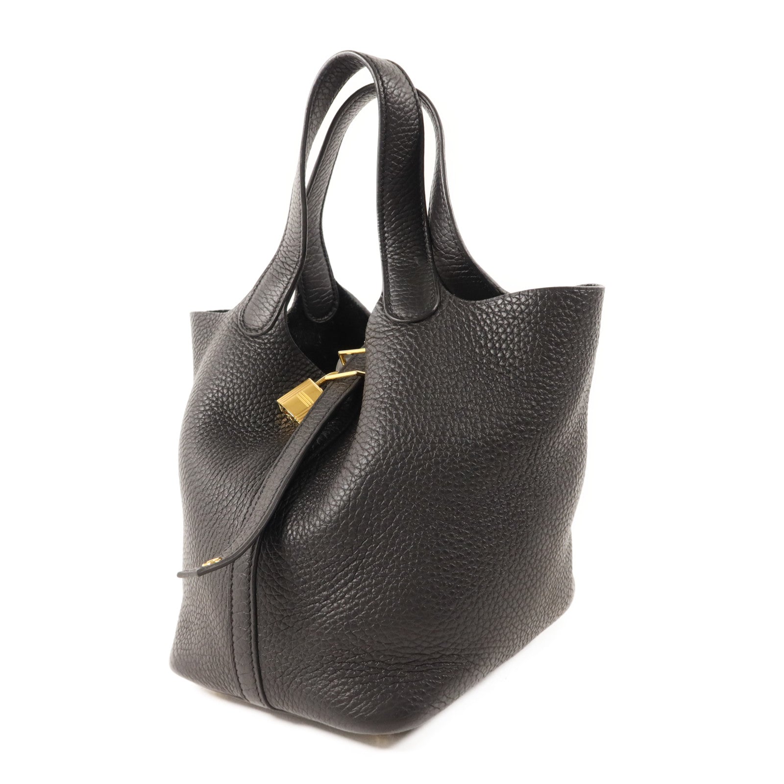 HERMES Clemence皮革Picotin PM金扣手挽袋Noir