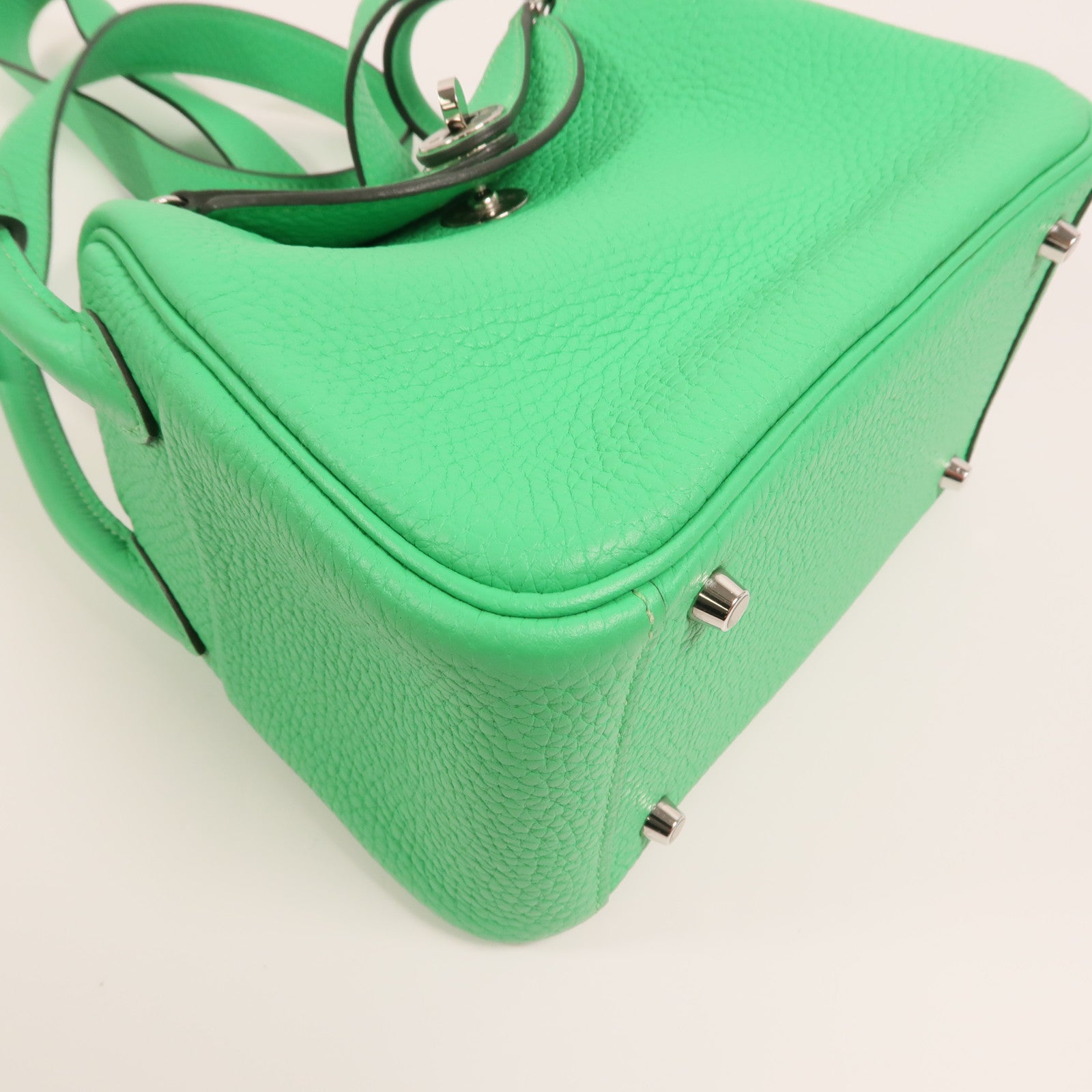 HERMES Clemence皮革Mini Lindy銀扣手挽肩背兩用袋Vert Comic