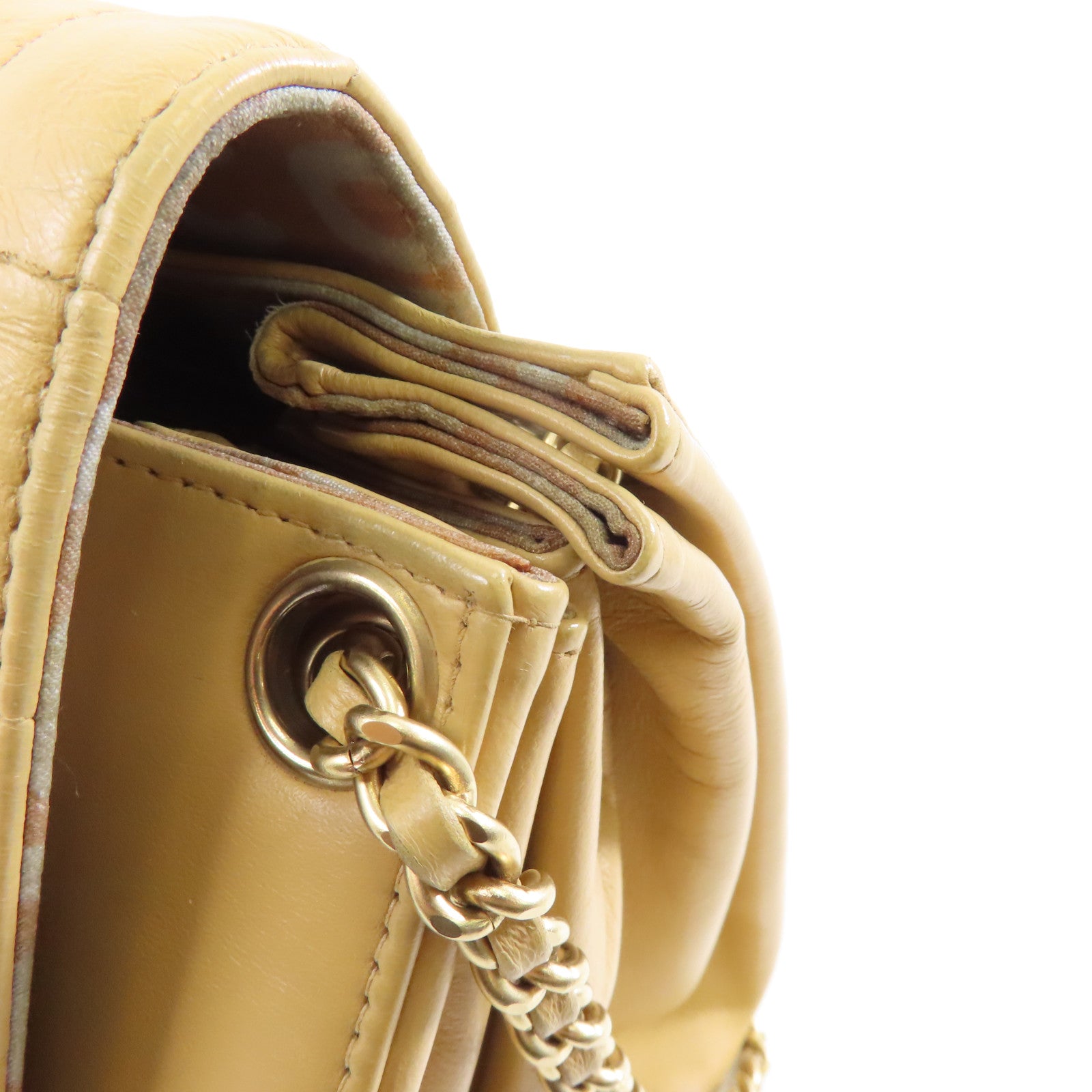 CHANEL 羊皮皮革Chain Shoulder金扣鏈帶肩背袋米色