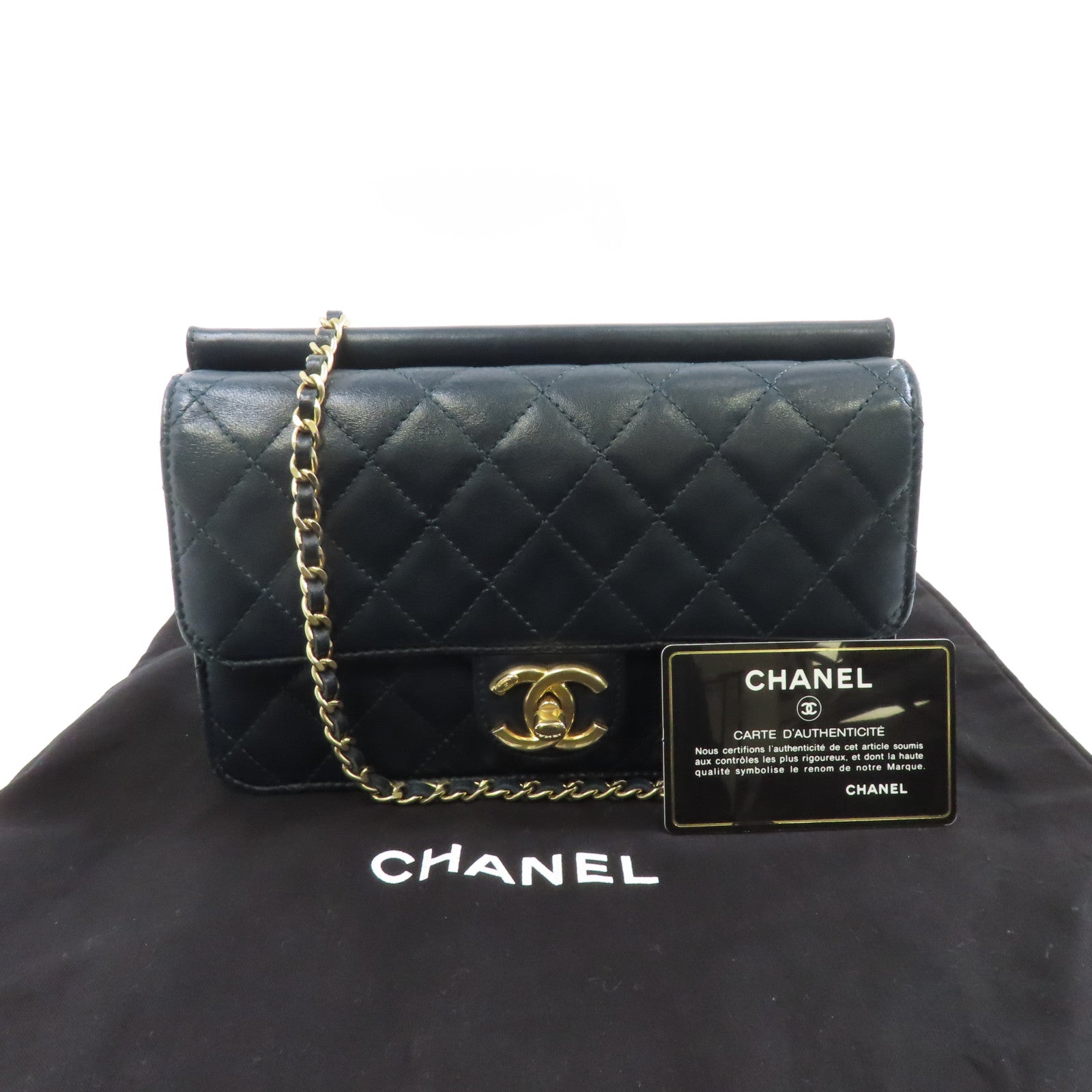 CHANEL 【激減優惠】菱格牛皮皮革Chain Shoulder金扣鏈帶肩背袋深綠色