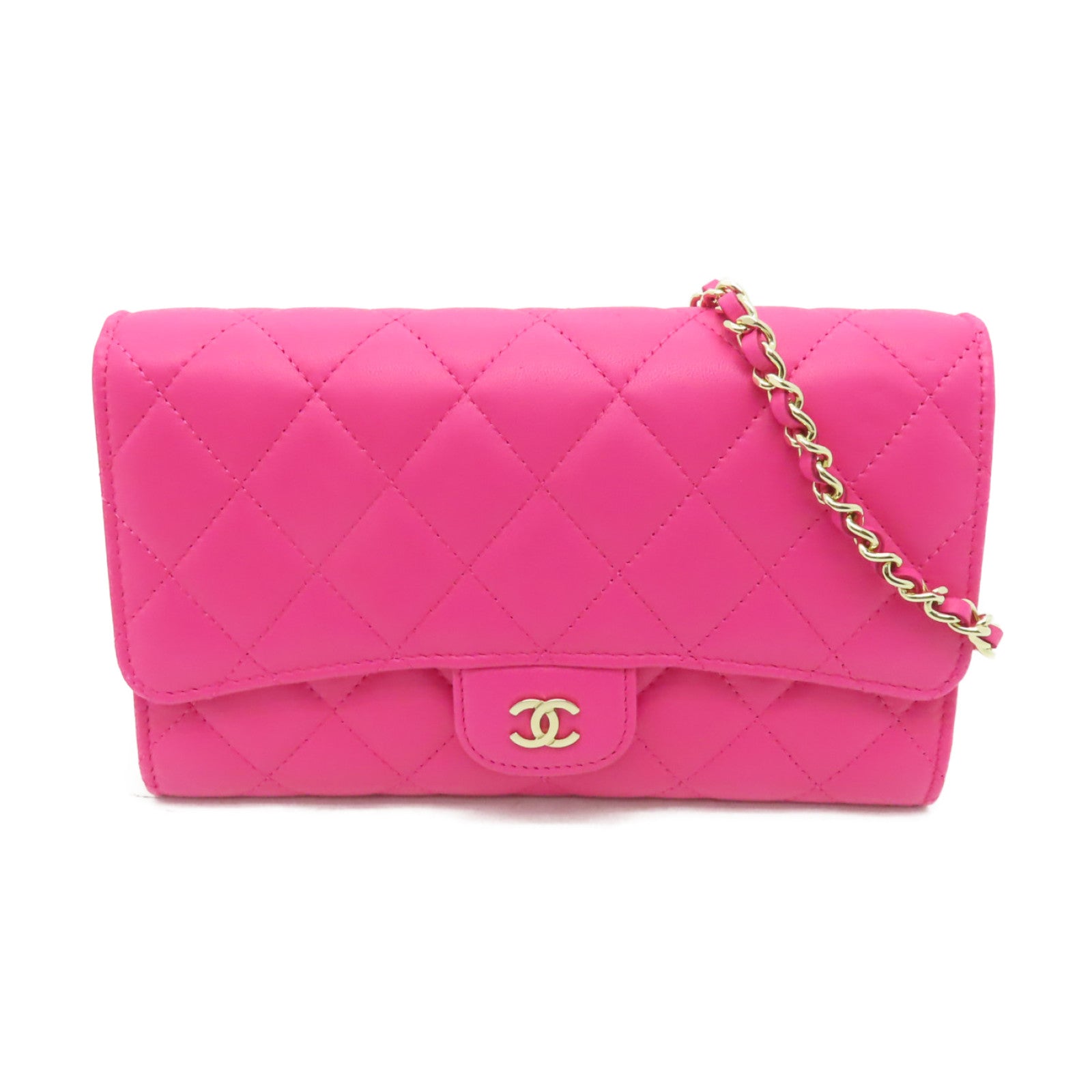 CHANEL 菱格皮革Chain Shoulder金扣鏈帶肩背袋粉紅色