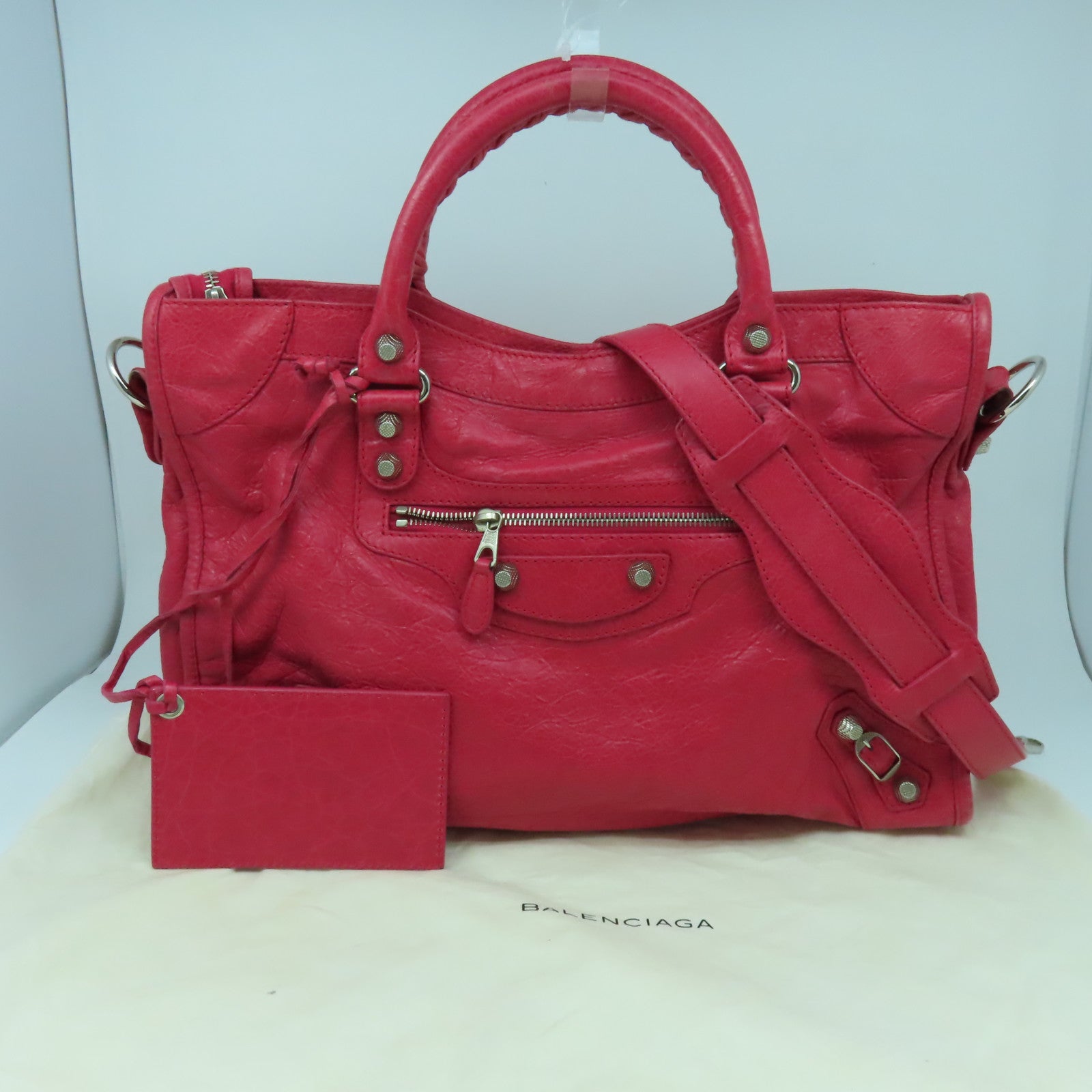 BALENCIAGA 【激減優惠】羊皮皮革Giant City銀扣手挽肩背兩用袋紅色