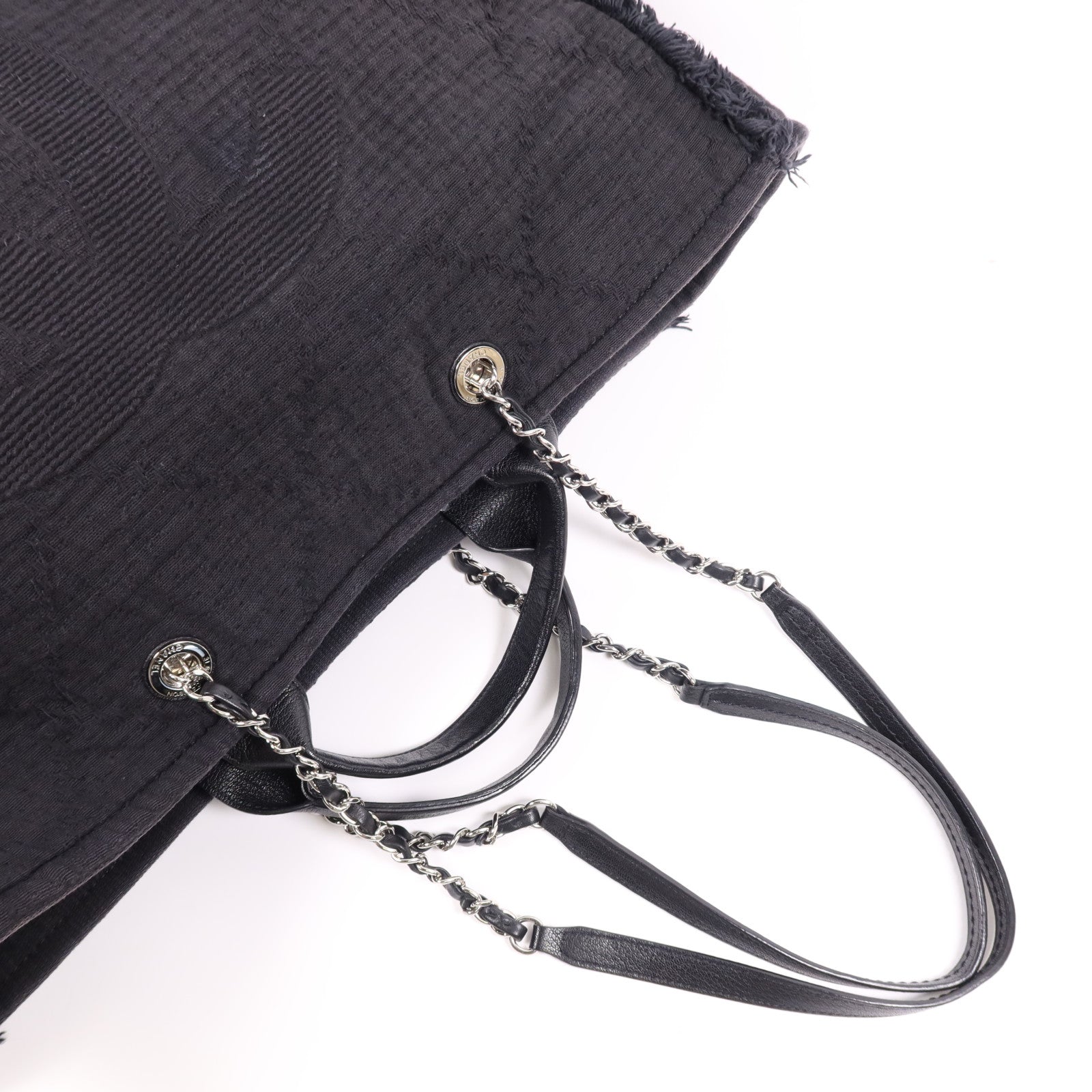 CHANEL 帆布/皮革Deauville Tote Bag銀扣鏈帶肩背袋