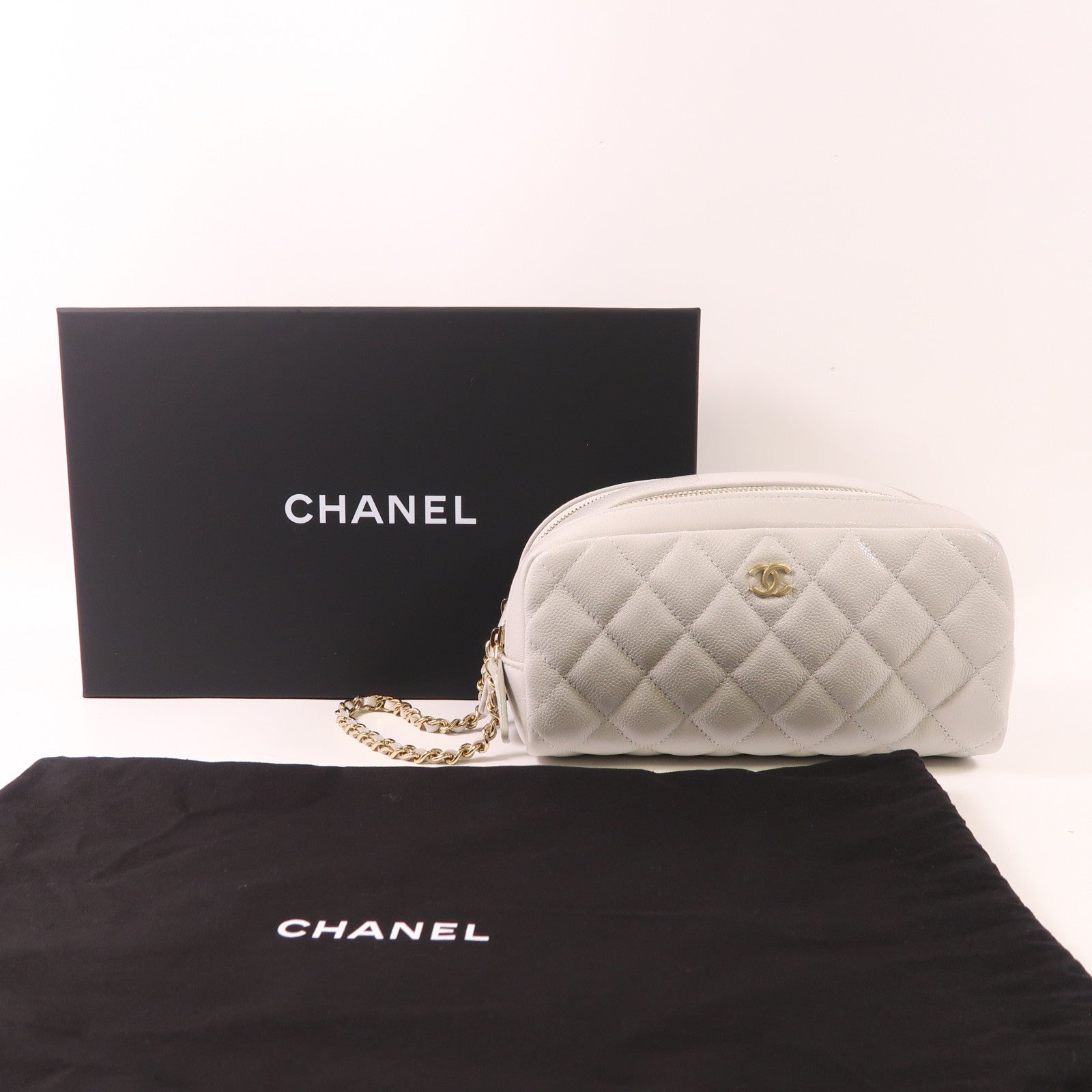 CHANEL CC GHW Pouch Calfskin Leather Light Gray