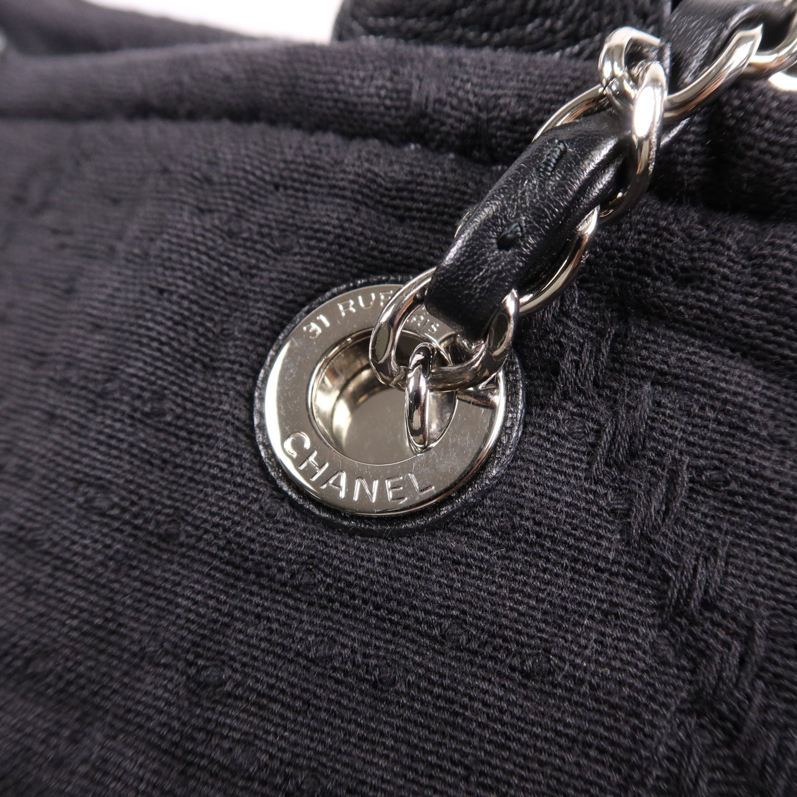 CHANEL 帆布/皮革Deauville Tote Bag銀扣鏈帶肩背袋