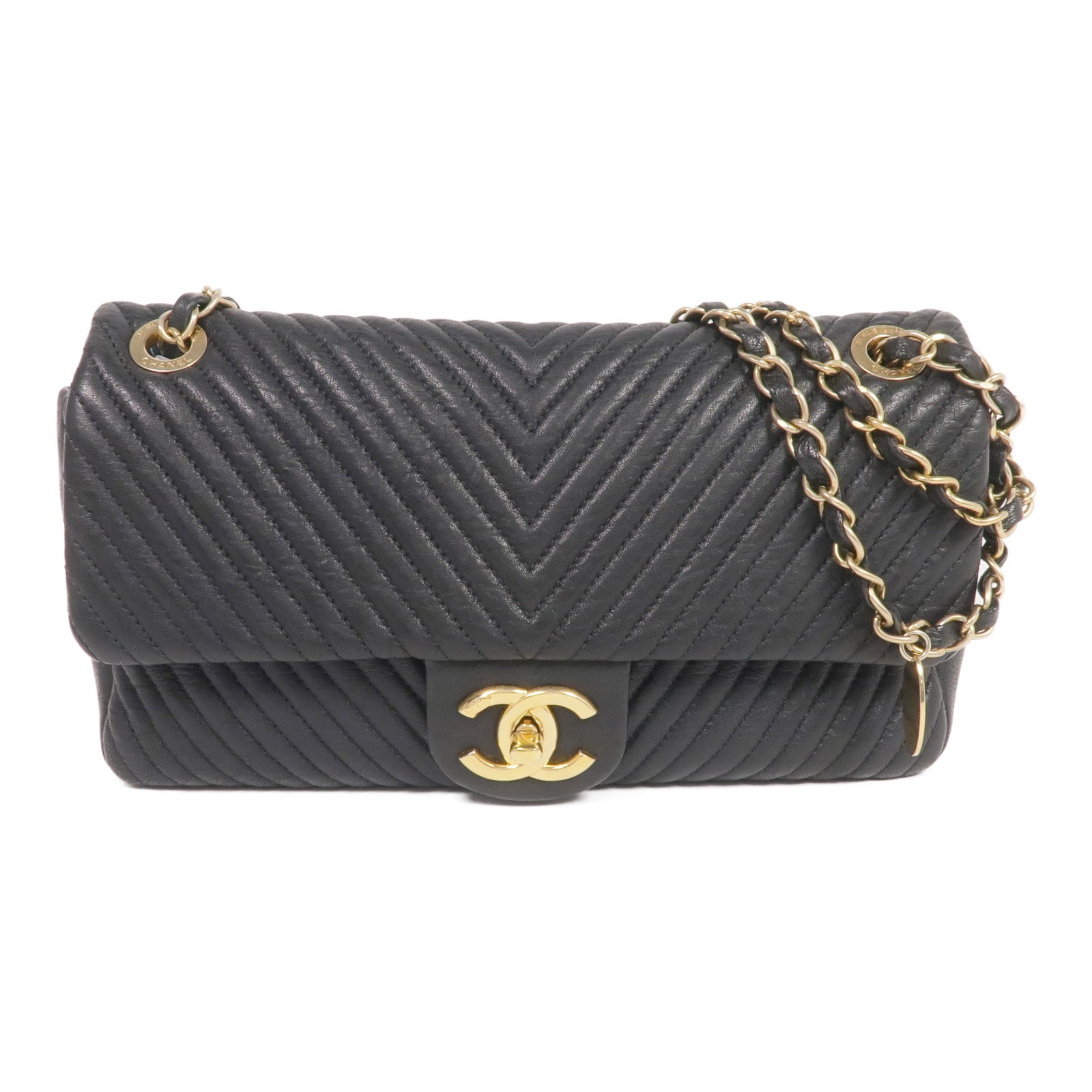 CHANEL 牛皮皮革Chain Shoulder金扣鏈帶肩背袋