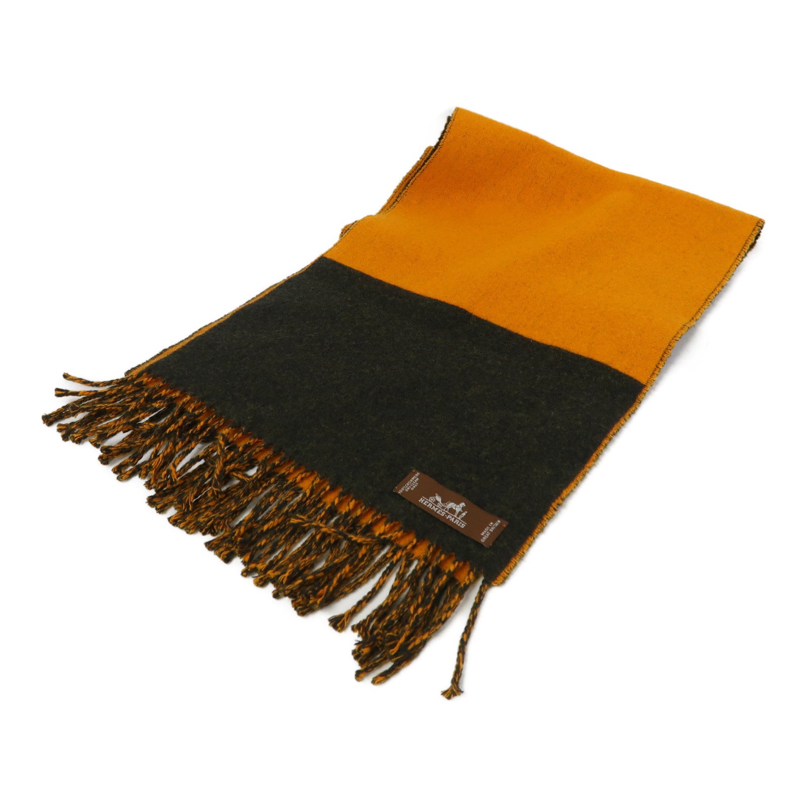 HERMES 羊絨Muffler/Scarf圍巾橙色/深綠色