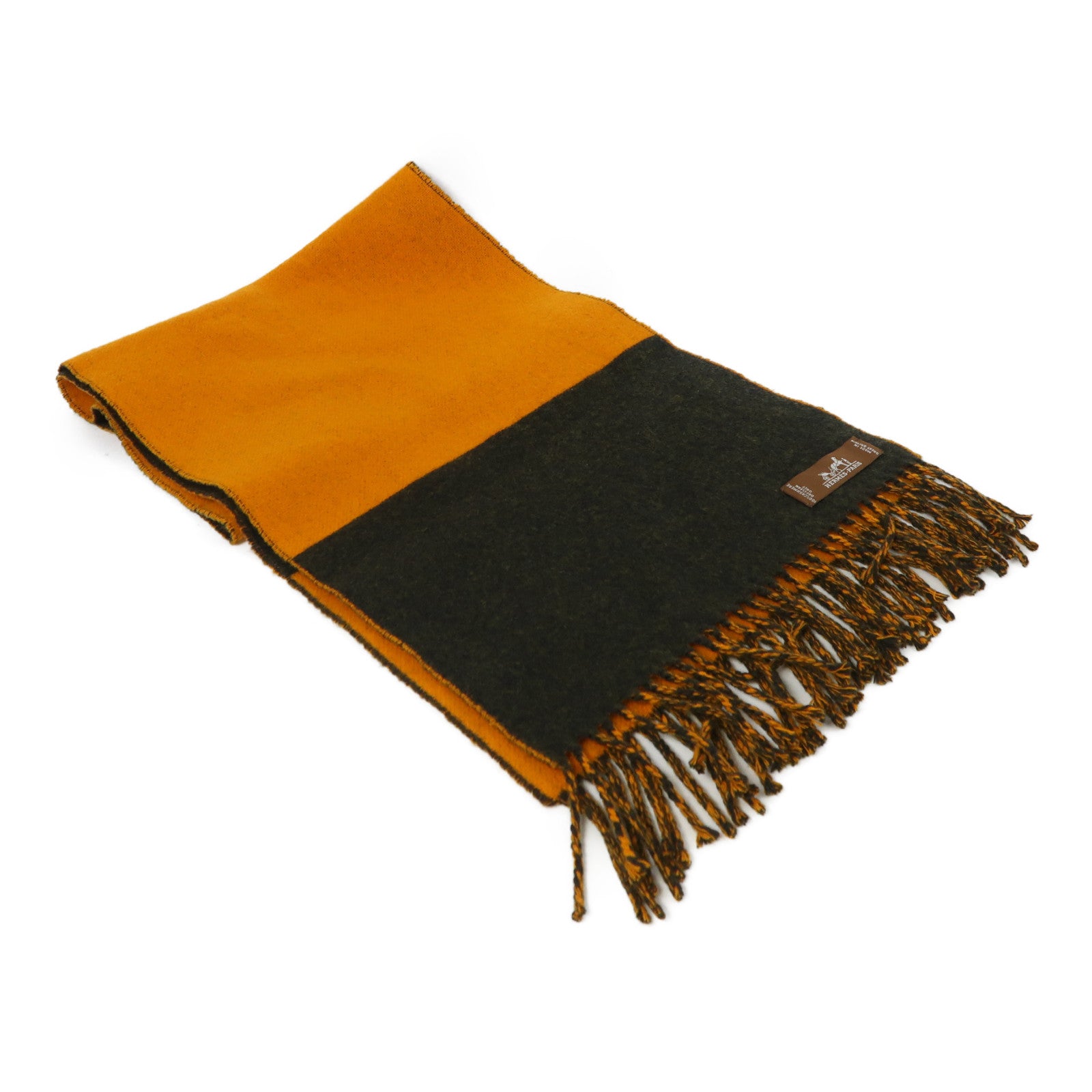 HERMES 羊絨Muffler/Scarf圍巾橙色/深綠色