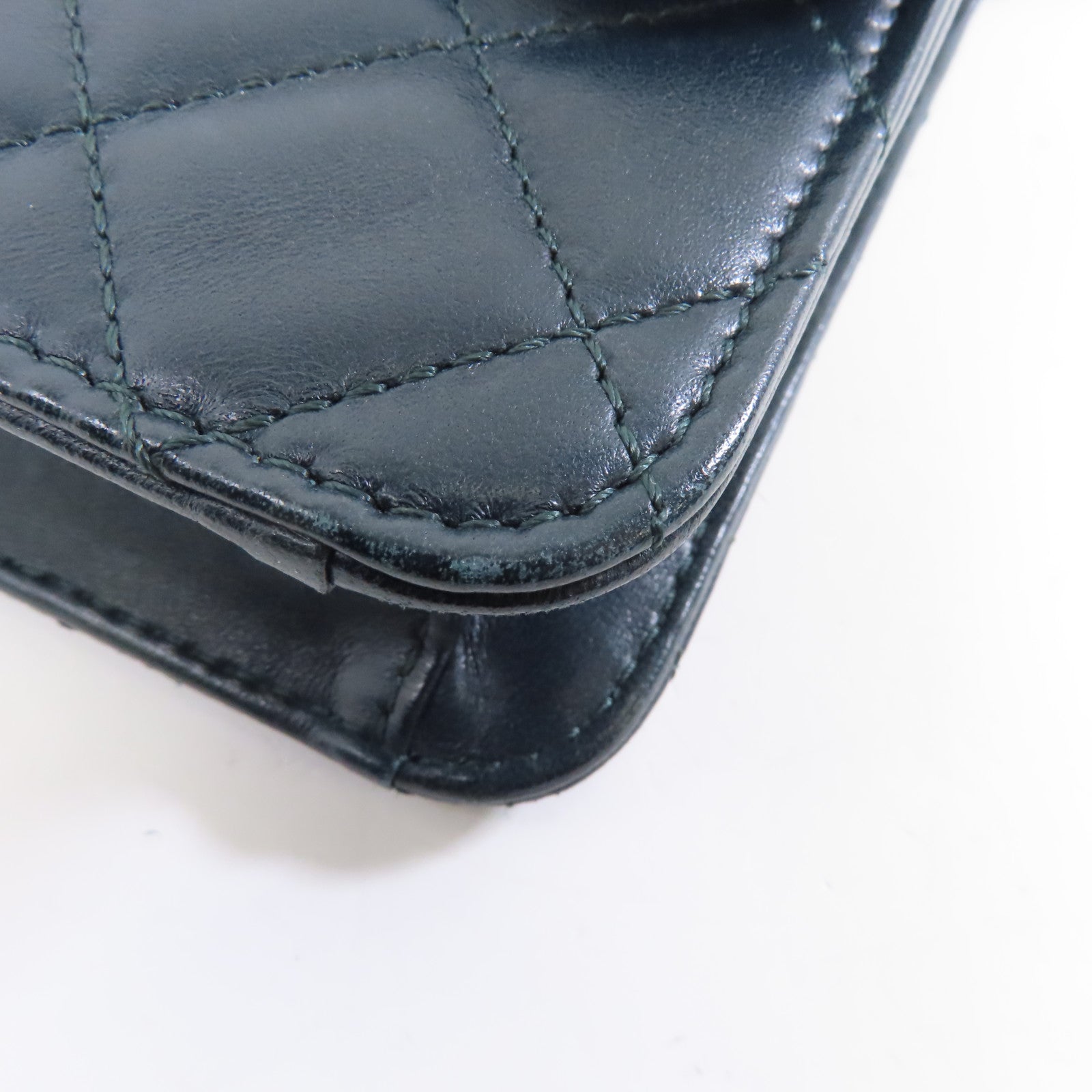 CHANEL 菱格牛皮皮革Chain Shoulder金扣鏈帶肩背袋深綠色