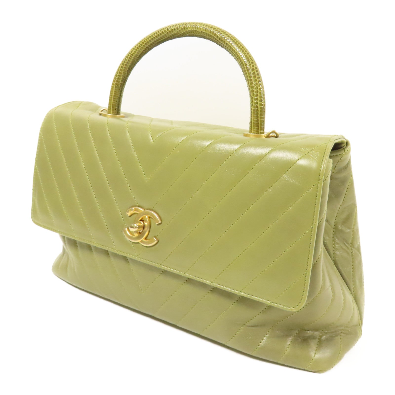 CHANEL 牛皮皮革/蜥蝪皮革Coco Handle Large金扣鏈帶手挽肩背兩用袋