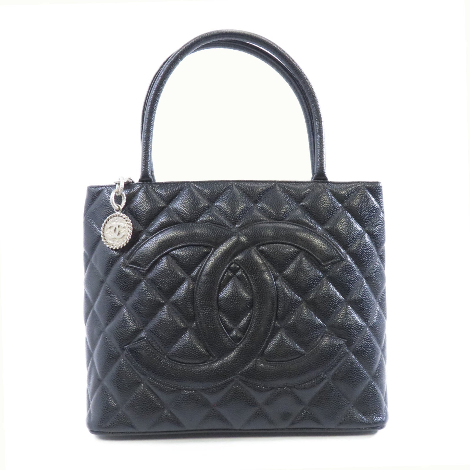 CHANEL 菱格Caviar皮革Medallion Tote Bag銀扣手挽袋黑色
