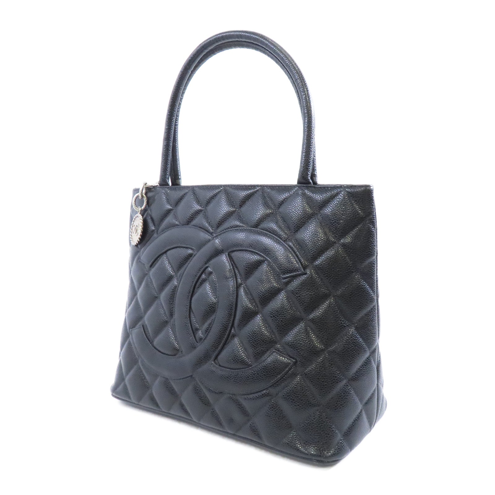 CHANEL 菱格Caviar皮革Medallion Tote Bag銀扣手挽袋黑色