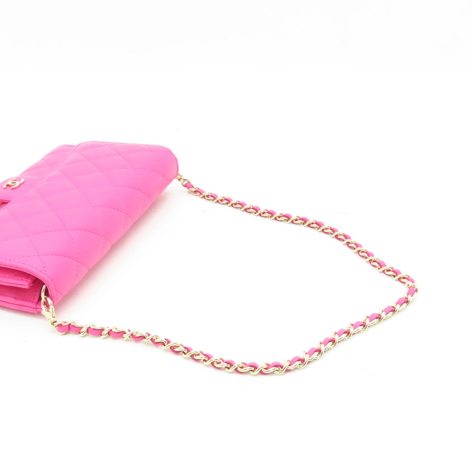 CHANEL 菱格皮革Chain Shoulder金扣鏈帶肩背袋粉紅色