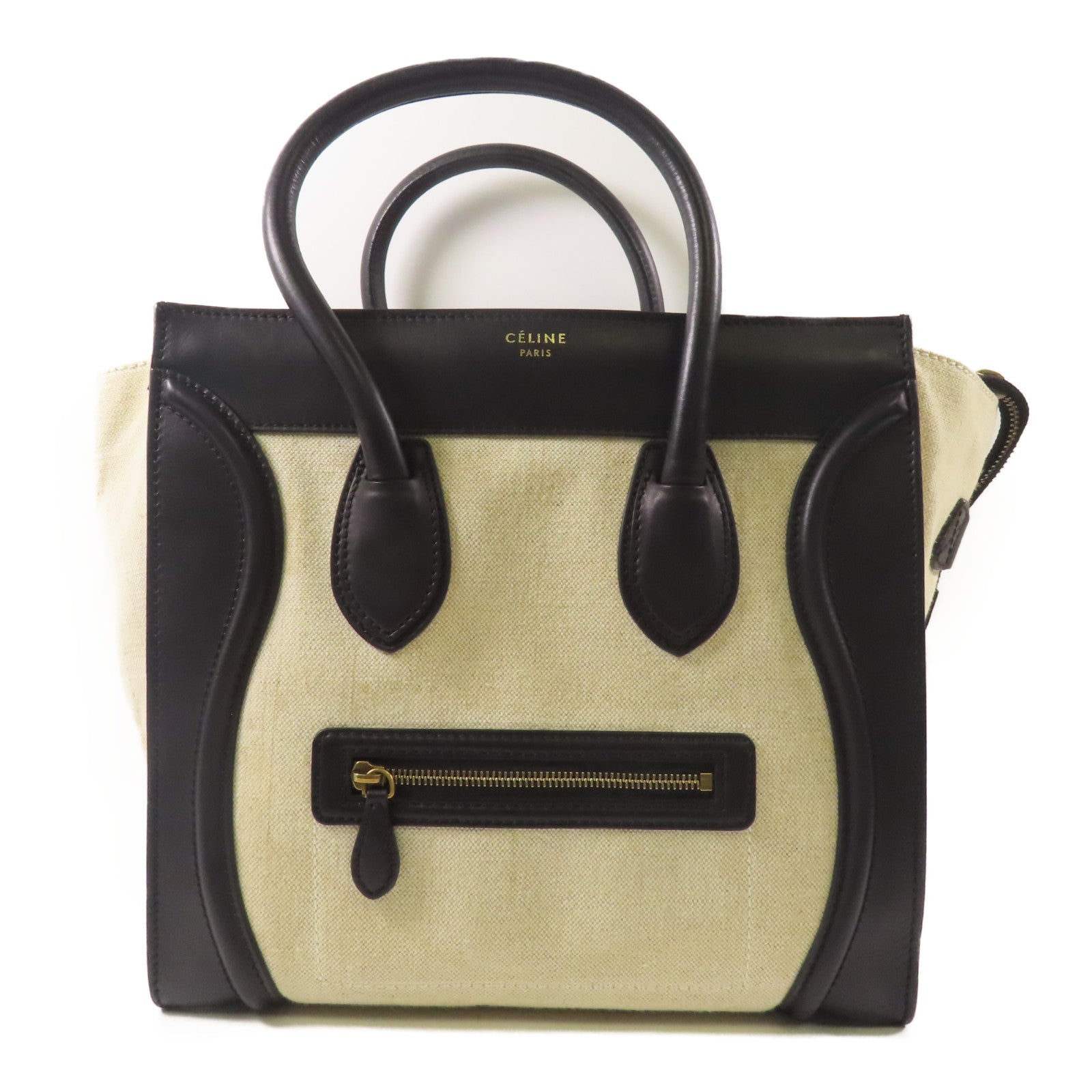 CELINE 帆布/皮革Luggage手挽袋米色/黑色