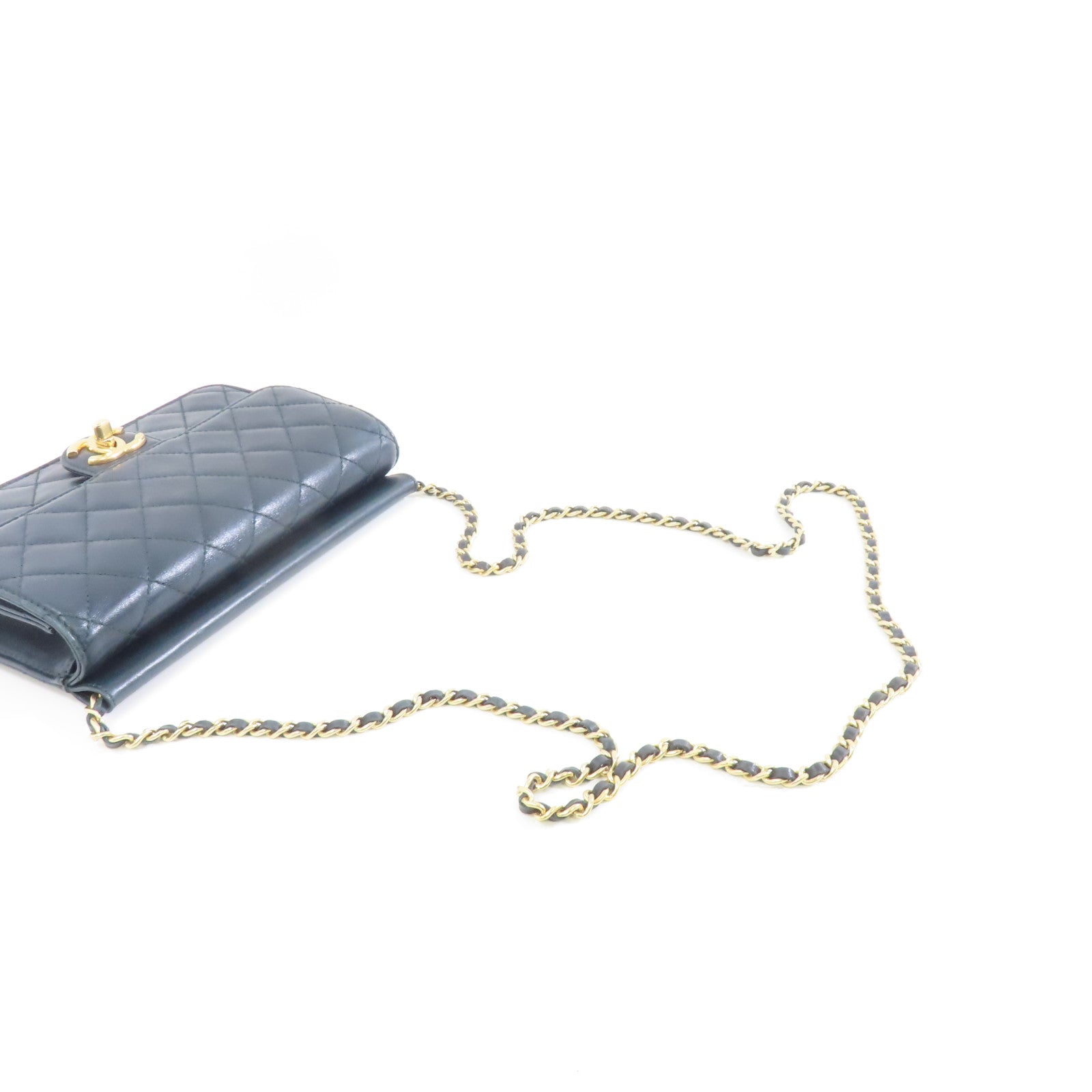 CHANEL 菱格牛皮皮革Chain Shoulder金扣鏈帶肩背袋深綠色