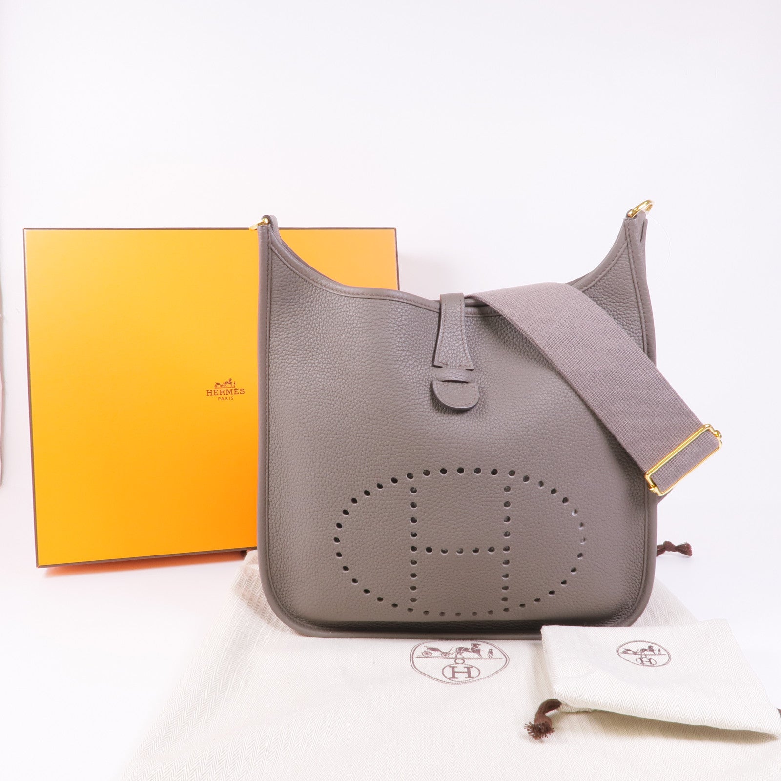 HERMES Clemence皮革Evelyne PM金扣肩背袋Gris Etain