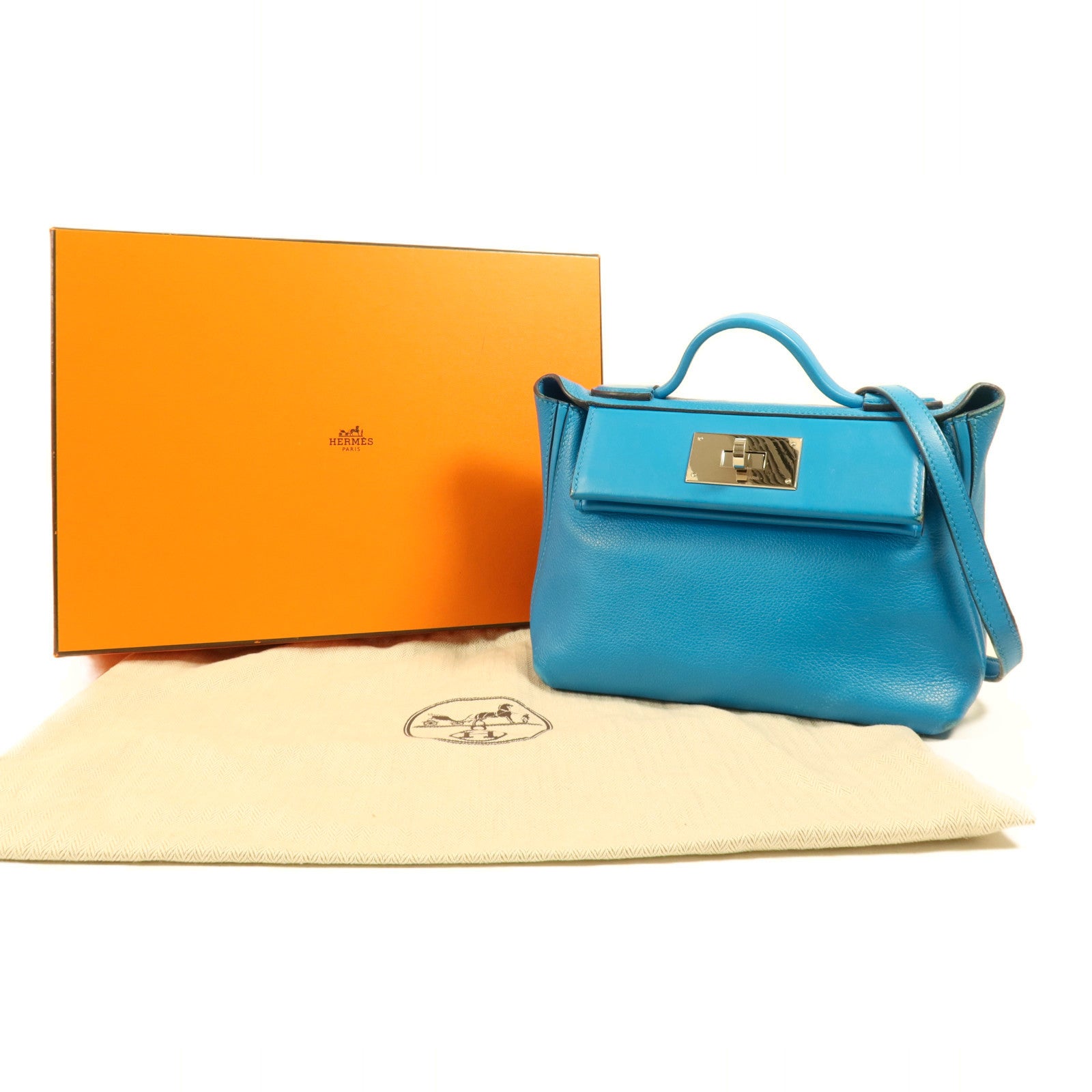 HERMES Evercolor皮革/Swift皮革24/24 Mini銀扣手挽肩背兩用袋Bleu Frida