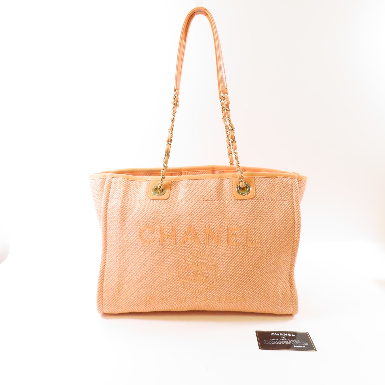 CHANEL 帆布Deauville Tote銀扣鏈帶肩背袋