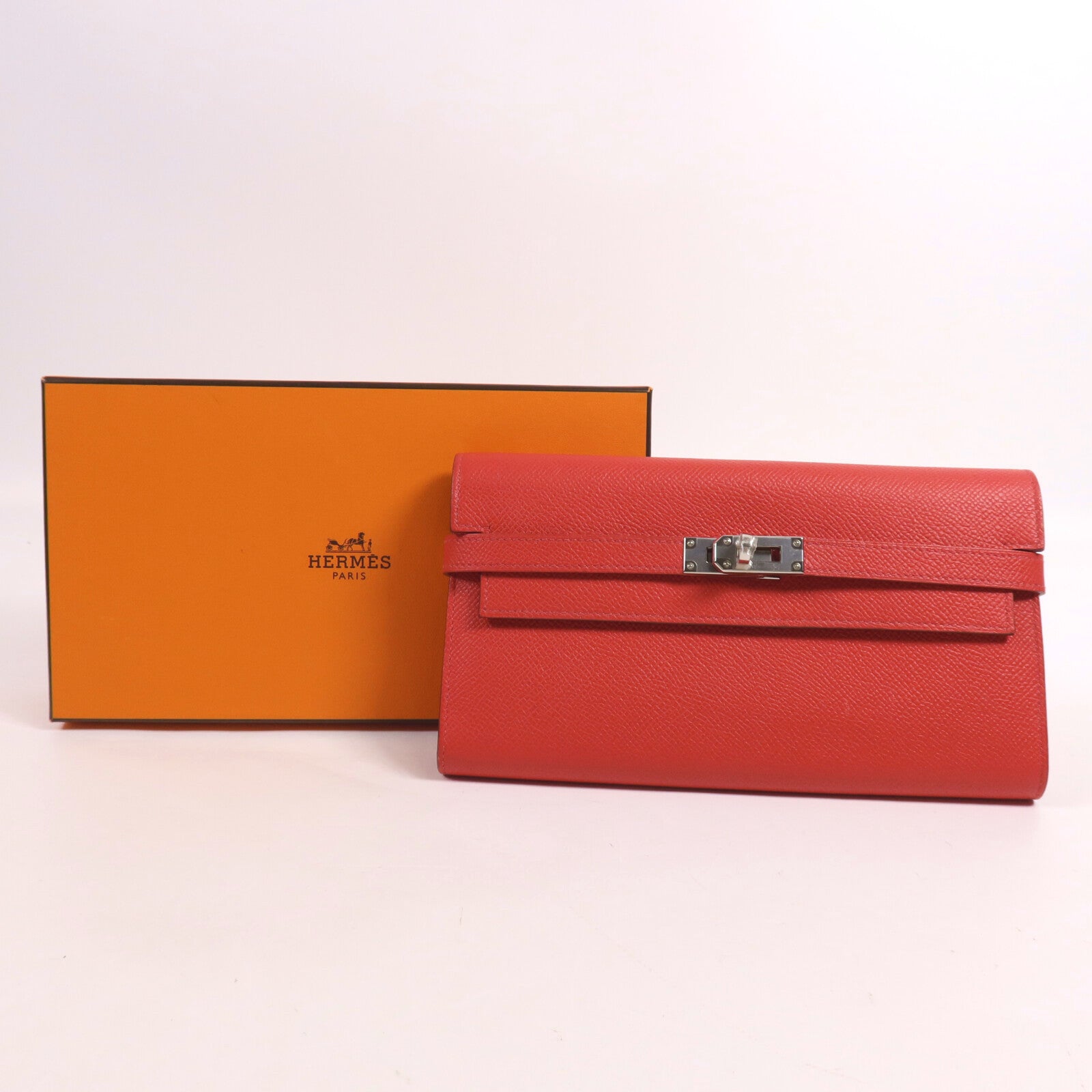 HERMES Epsom皮革Kelly Long Wallet銀扣長錢包Rouge Casaque