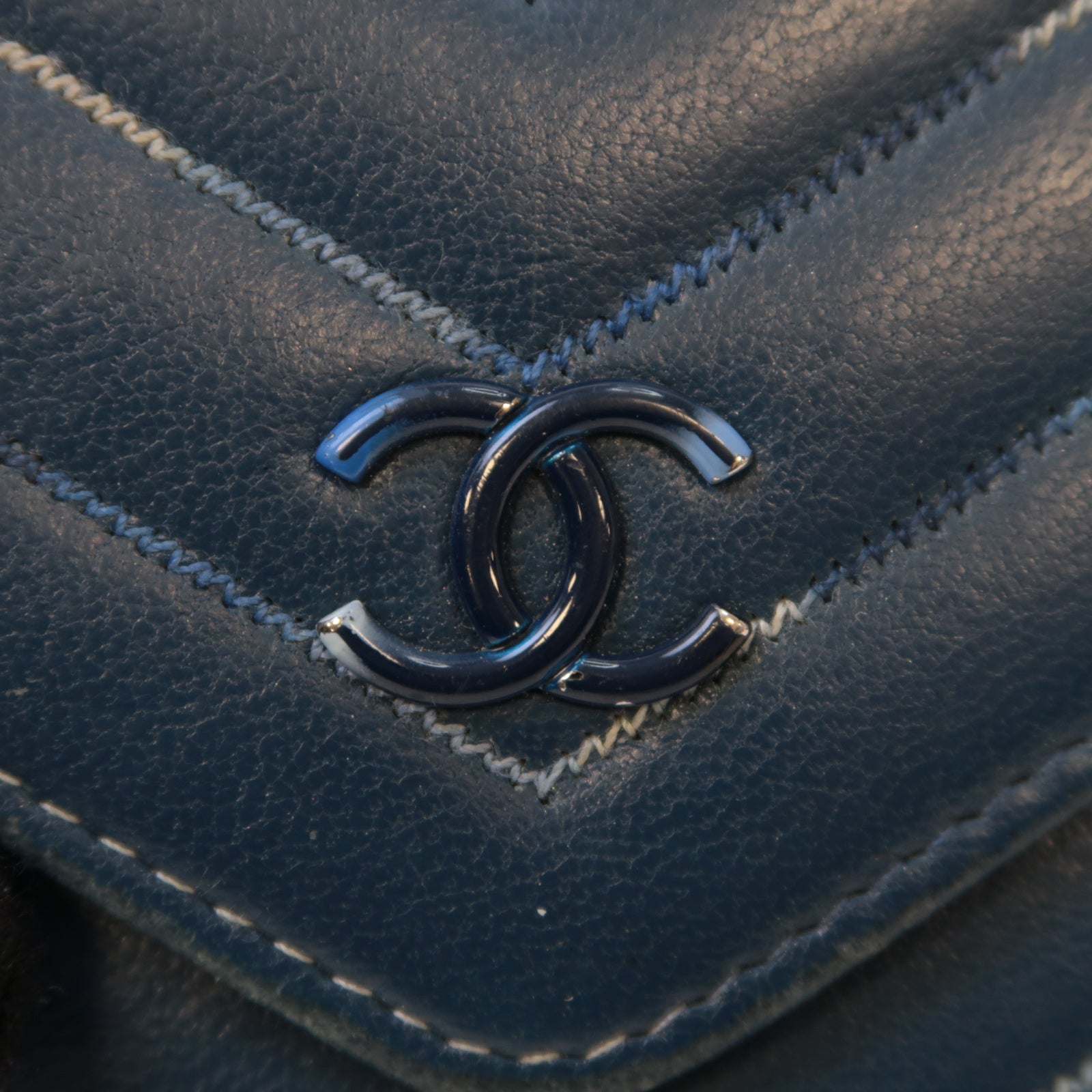 CHANEL **【激減優惠】斜紋牛皮皮革Wallet銀扣錢包藍色