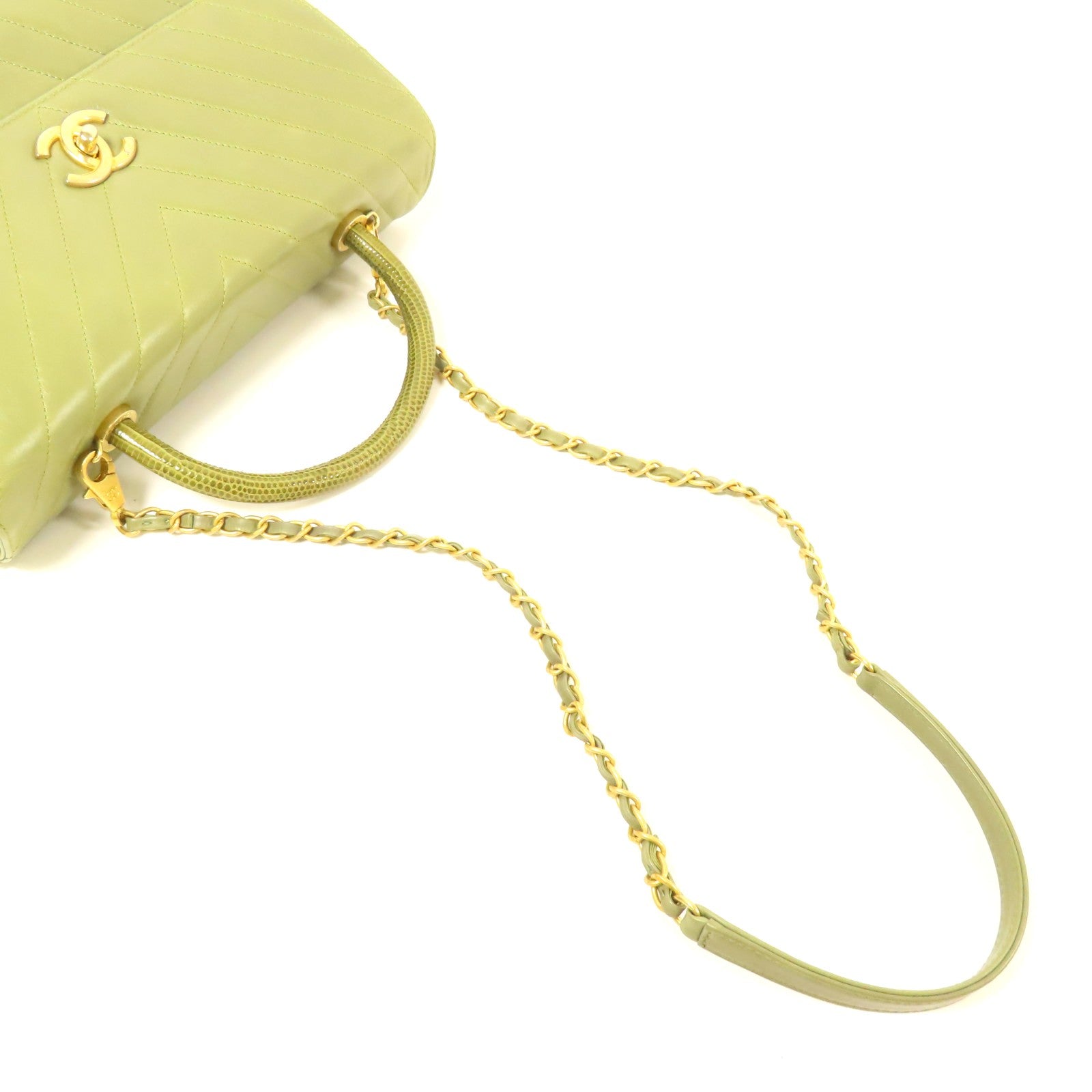 CHANEL 牛皮皮革/蜥蝪皮革Coco Handle Large金扣鏈帶手挽肩背兩用袋