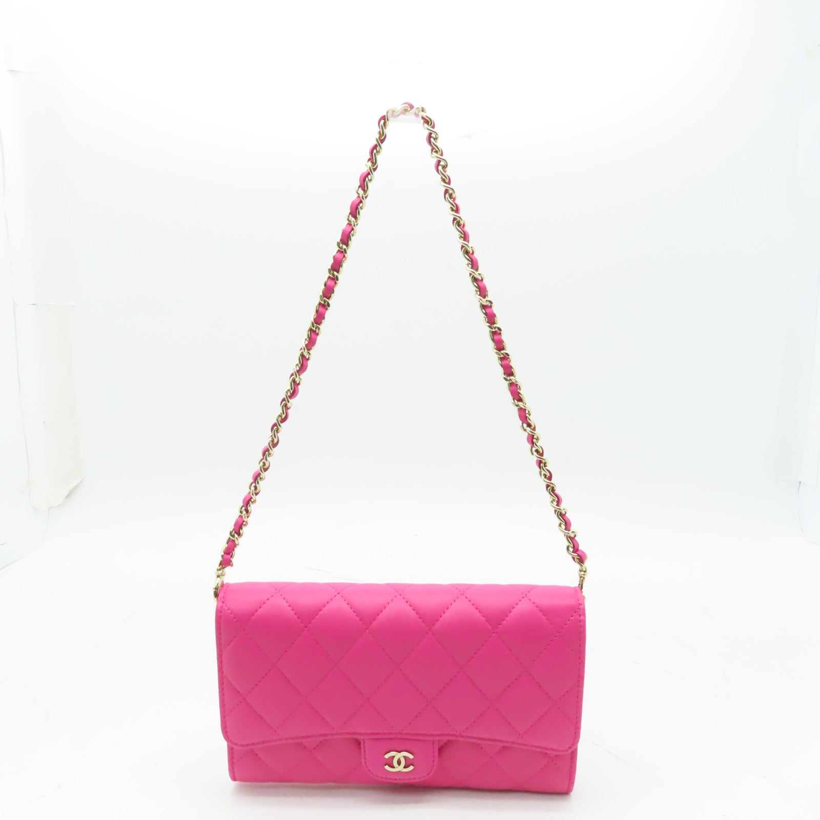 CHANEL 菱格皮革Chain Shoulder金扣鏈帶肩背袋粉紅色