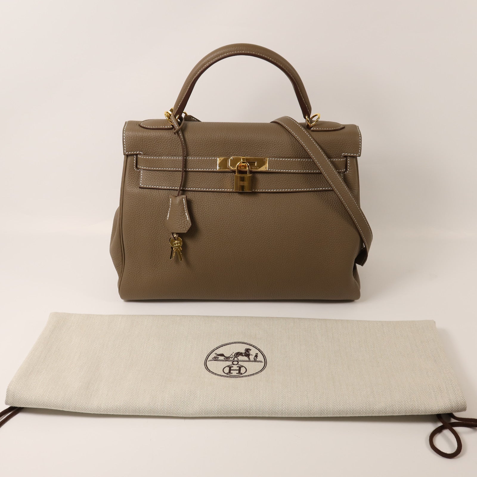 HERMES 【激減優惠】Togo皮革Kelly 32金扣手挽肩背兩用袋Etoupe