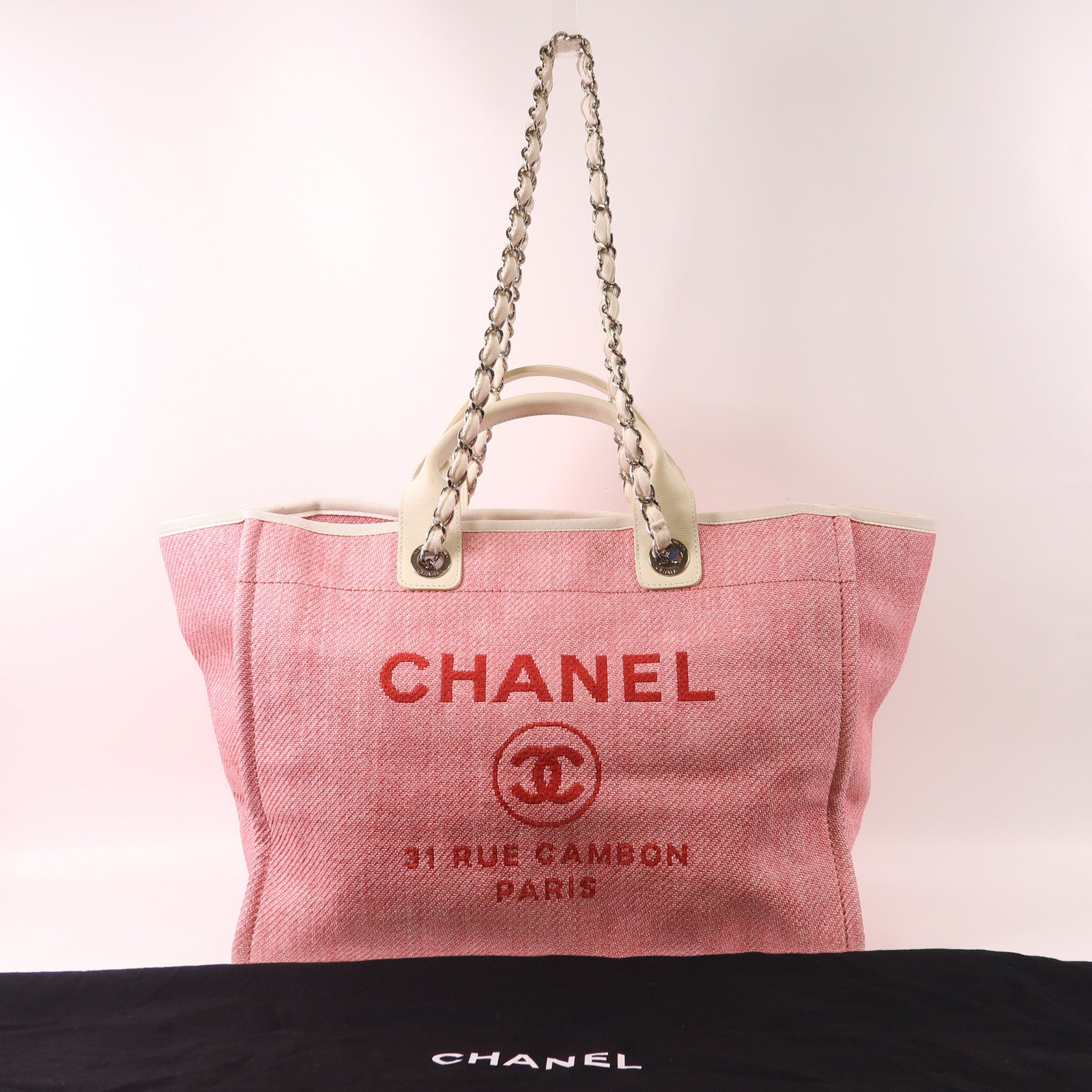 CHANEL 帆布Deauville Tote銀扣鏈帶手挽肩背兩用袋