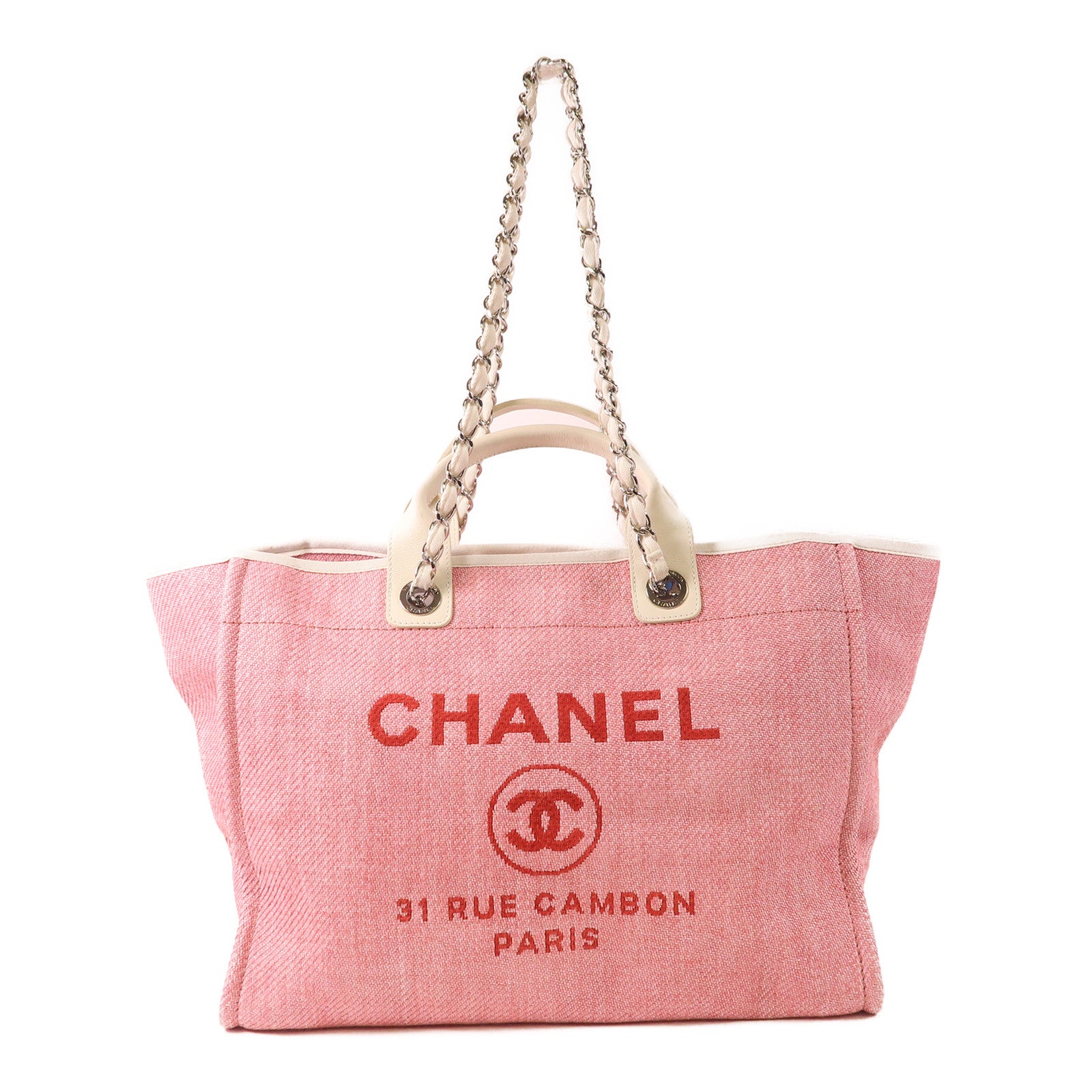CHANEL 帆布Deauville Tote銀扣鏈帶手挽肩背兩用袋